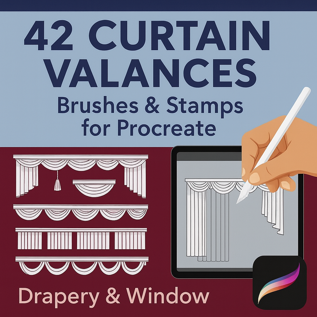 42 Procreate Curtain Valance Stamps BUNDLE. Drapery and window treatment designs for interior and textile mockups