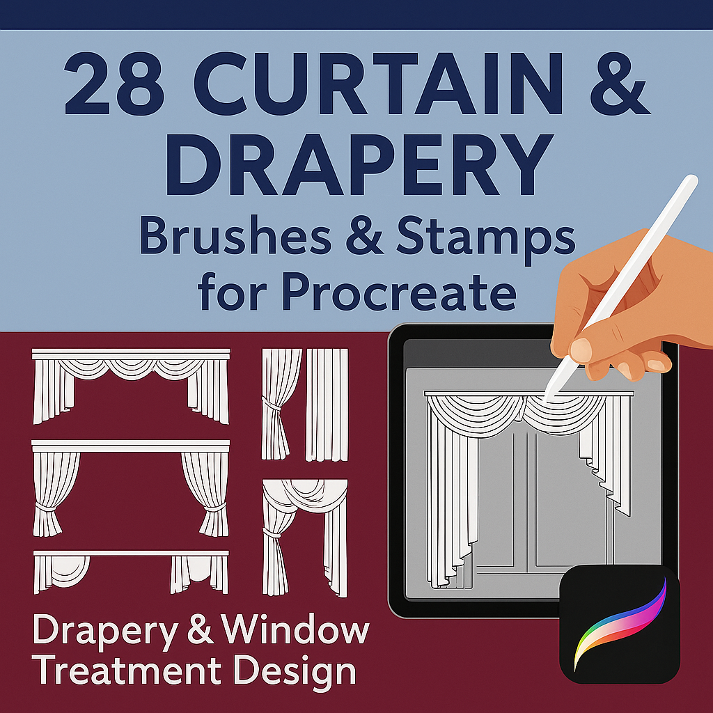 28 Procreate Curtain & Drapery Brushes BUNDLE. Window treatment stamps for interior and textile designers