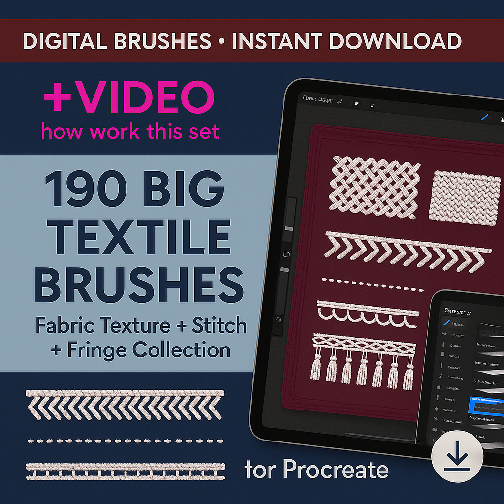 190 Procreate Textile Design Master Collection. Fabric, stitches, and decorative trim for interior and fashion