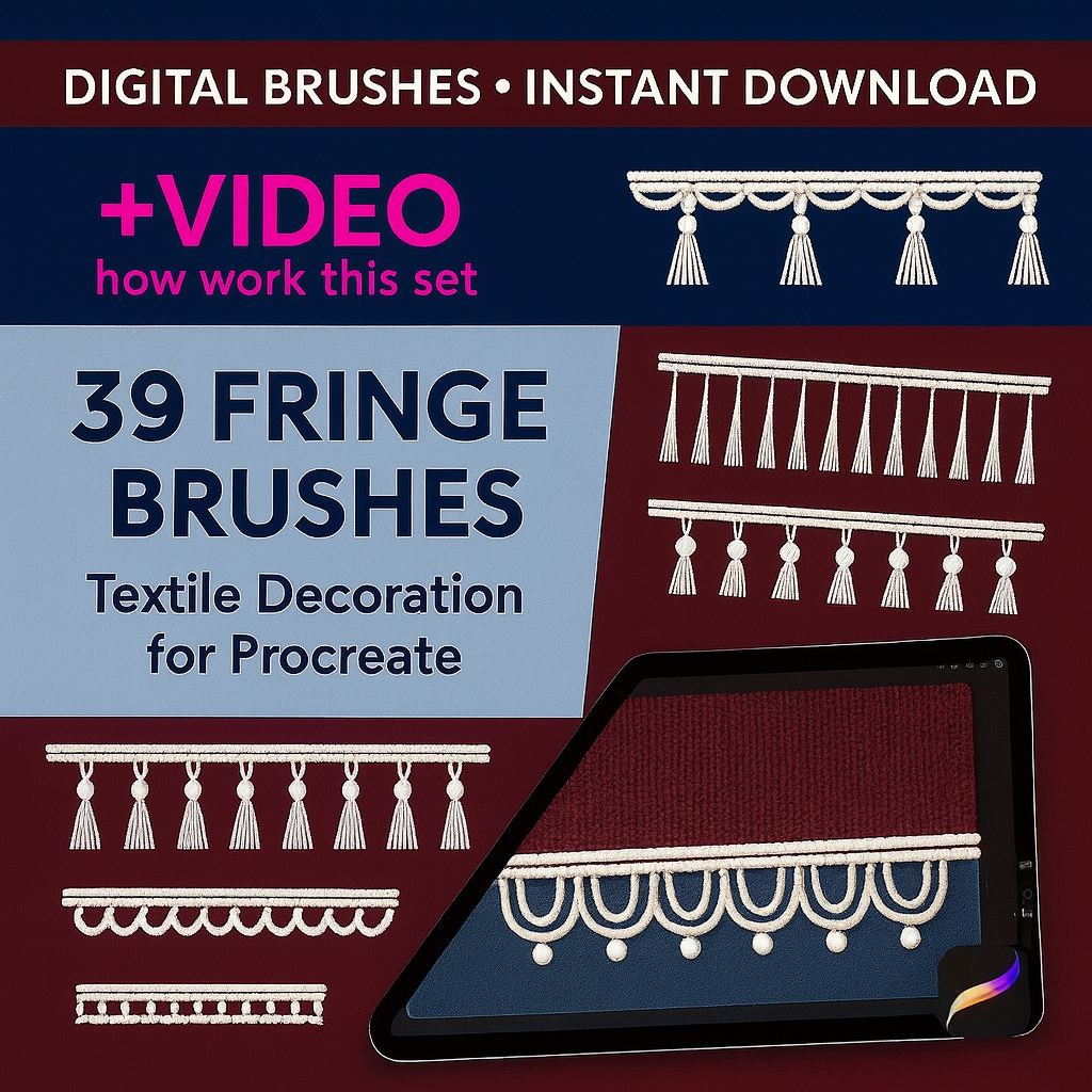 39 Procreate Trimmings Stamps BUNDLE. Decorative textile accents for interior sketches and curtain designs