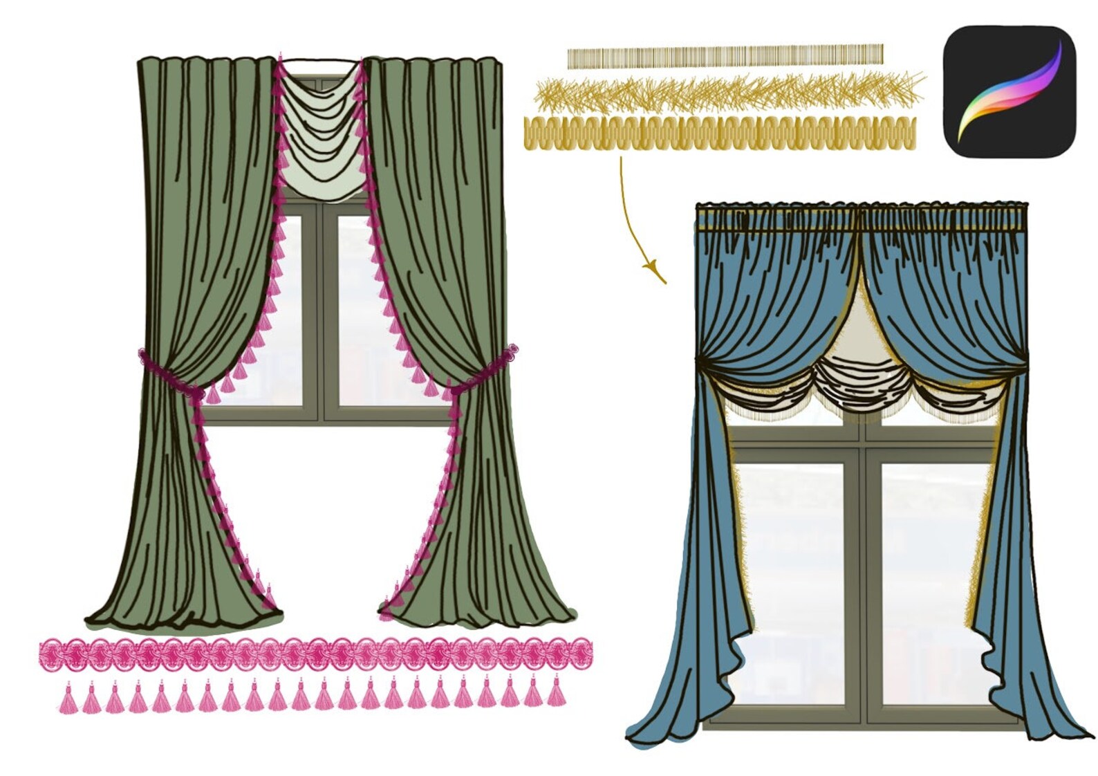 Procreate brushes for decorative fringe and tassels. Realistic trim effects for digital interior design