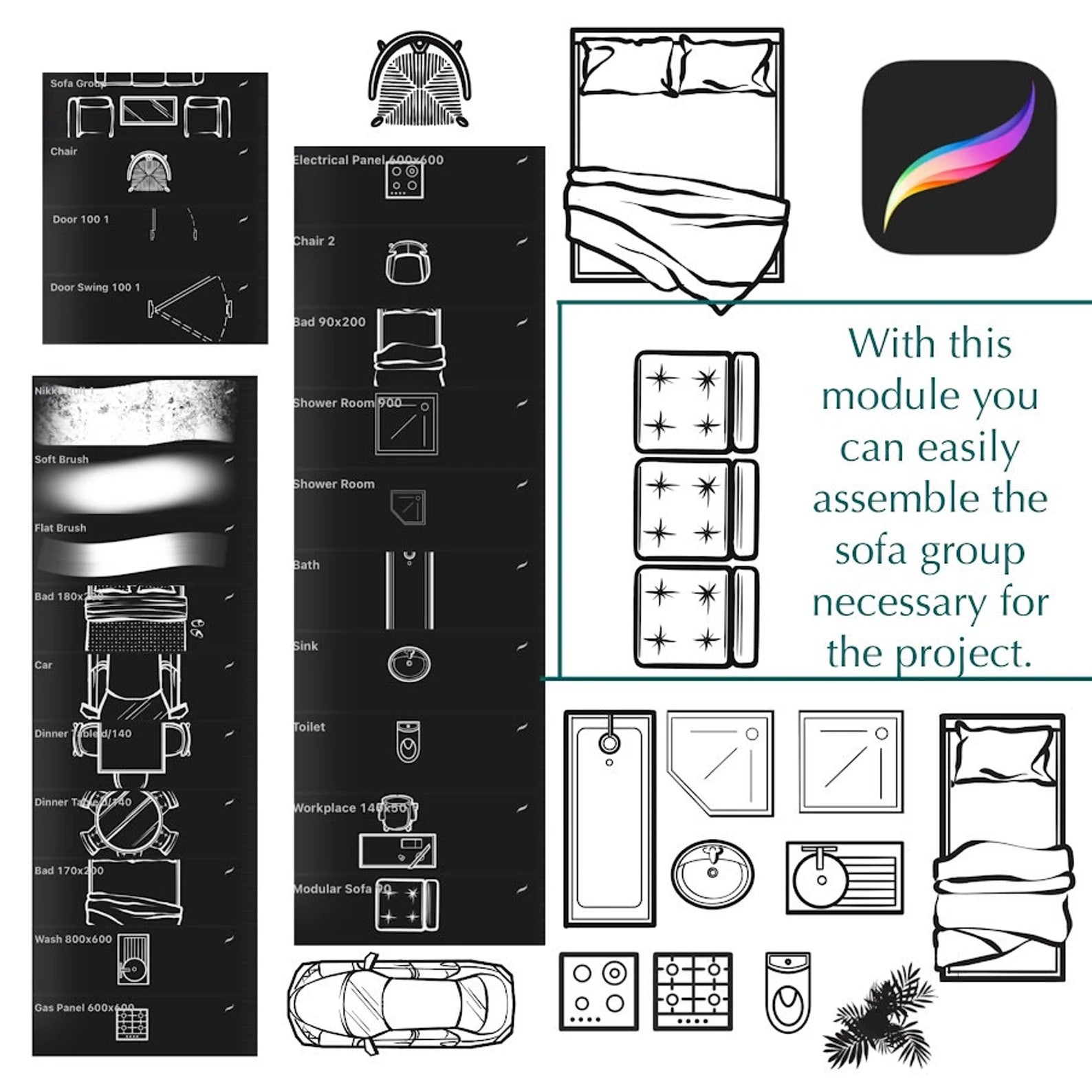 Creating a precise 2D floor plan and furniture layout in Procreate using the Interior Design Master Kit