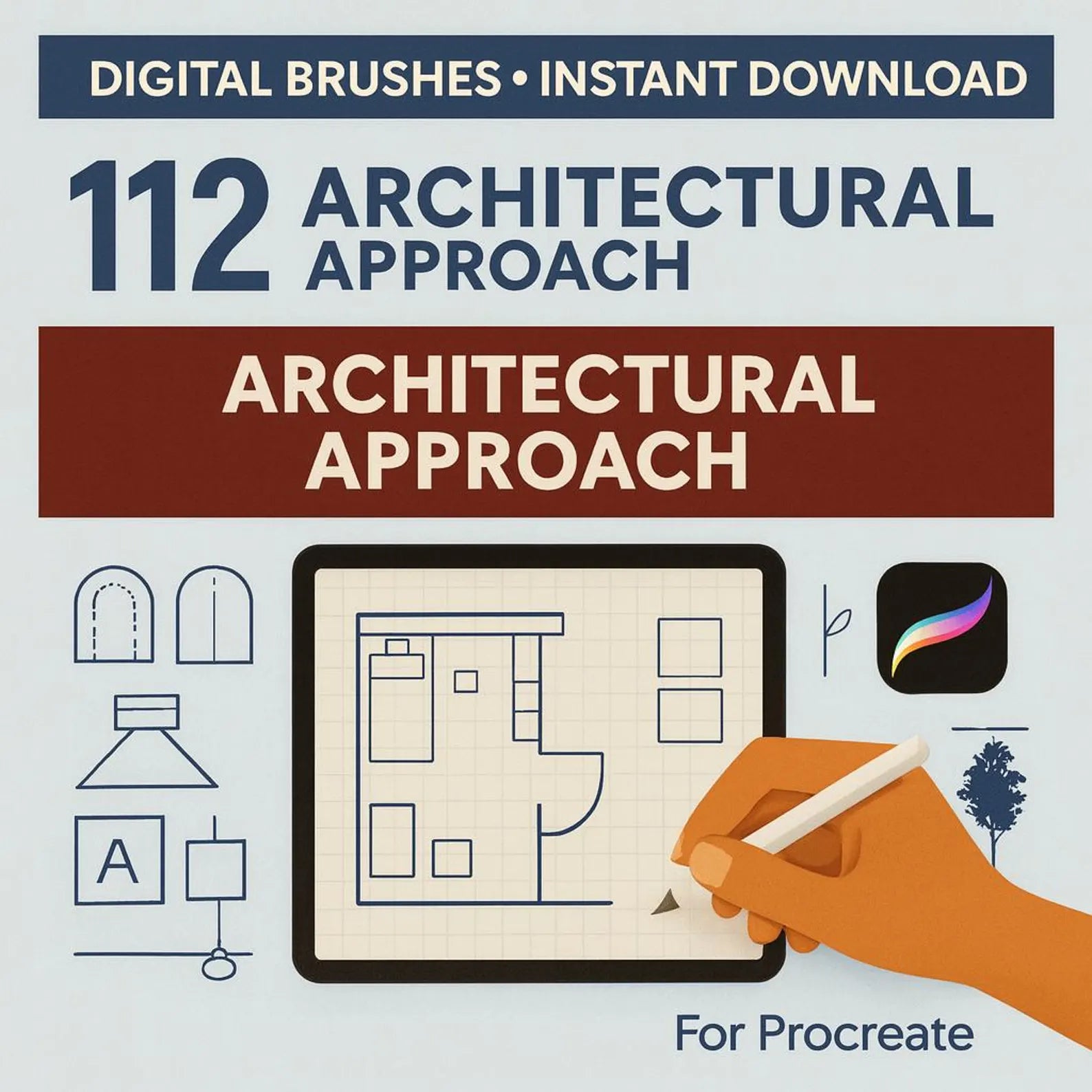 112 Procreate Interior Design Master Kit. Floor plan, furniture, plumbing, and measuring tools for 2D plans