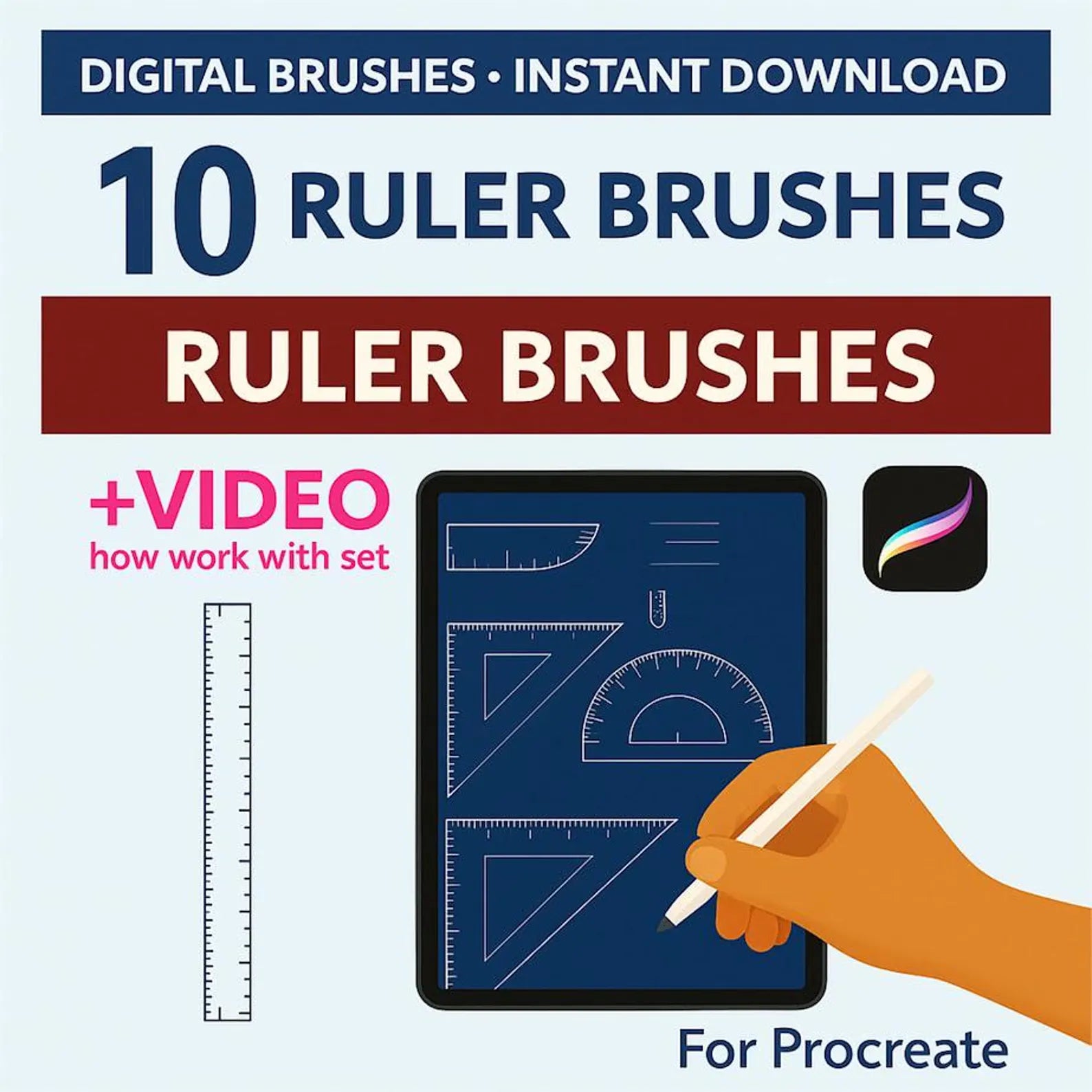 10 Procreate Ruler Brushes BUNDLE. Digital measurement and architectural kit for technical drawing