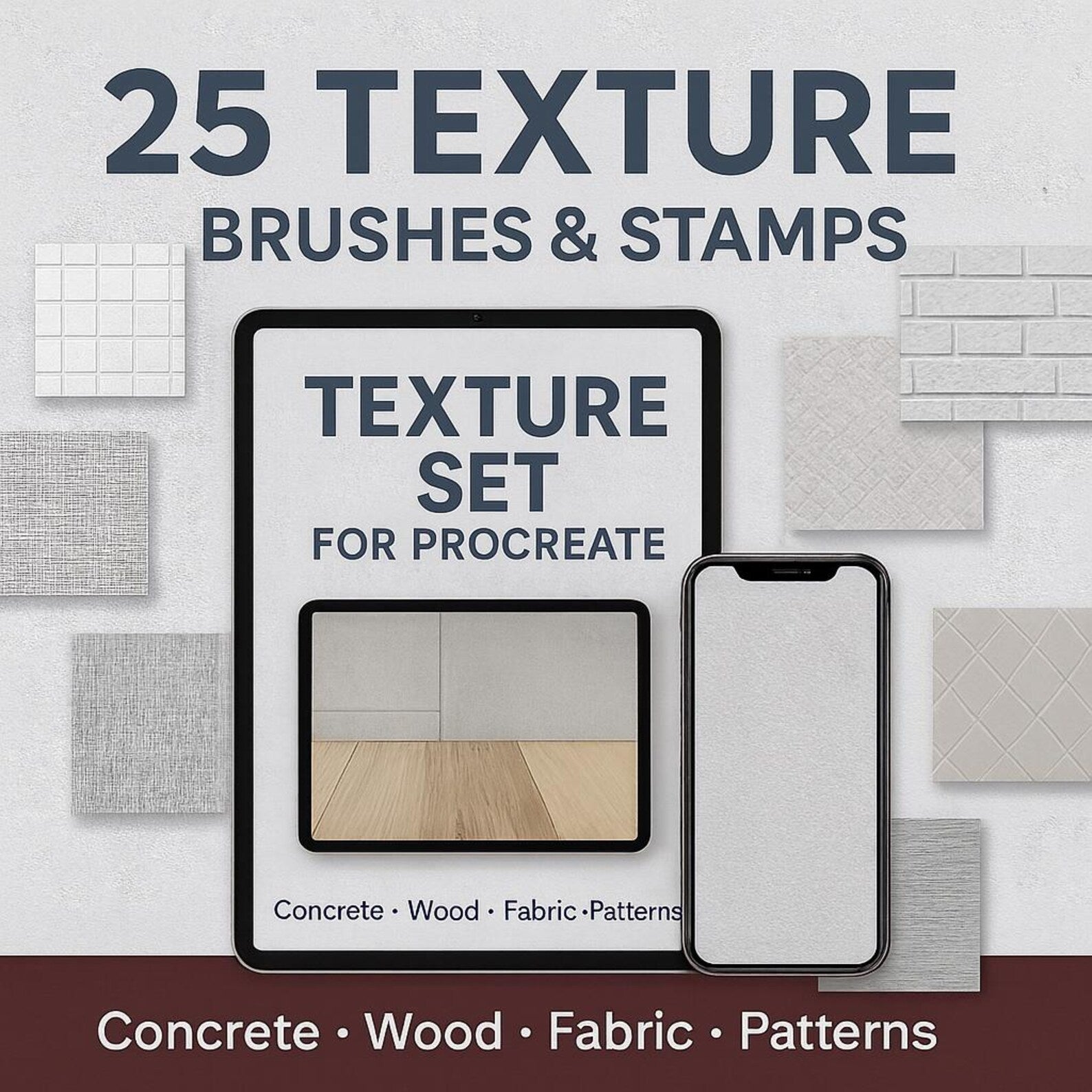 25 Procreate Texture Brushes BUNDLE. Professional interior design materials: wood, brick, fabric, metal