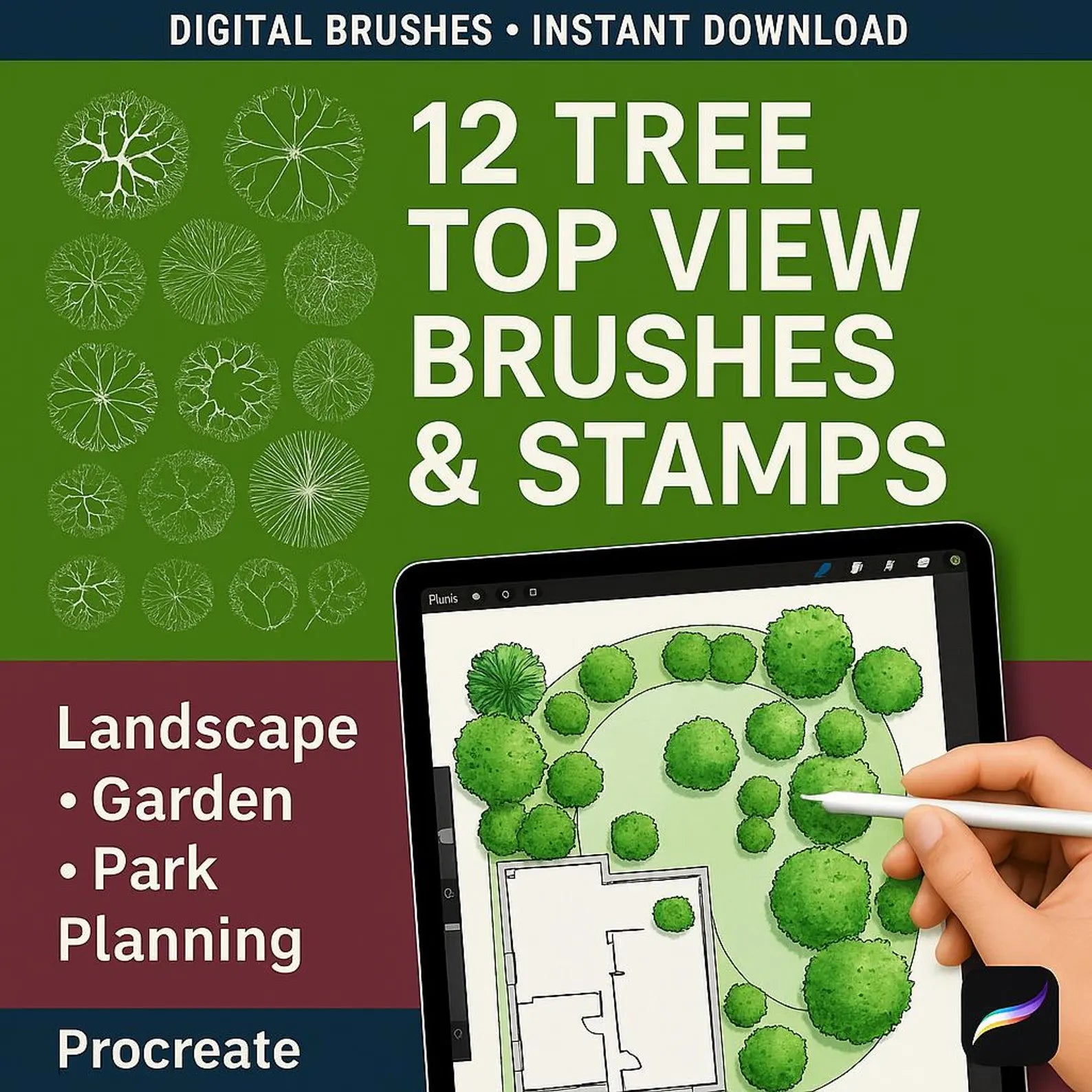 12 Procreate Tree Top View Stamps for professional landscape architecture and garden design