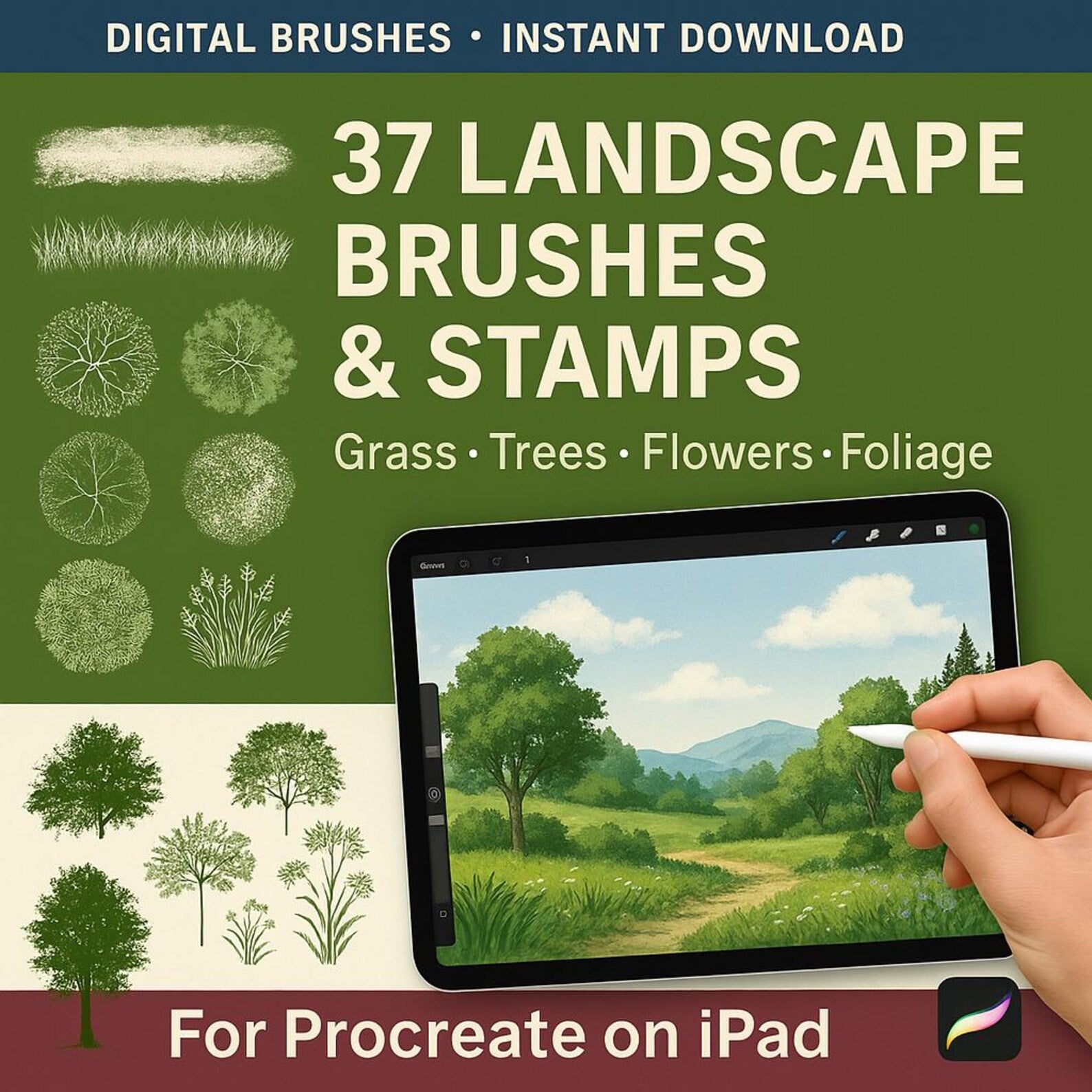 37 Procreate Landscape Brushes & Stamps. Complete rendering kit for digital illustration and design
