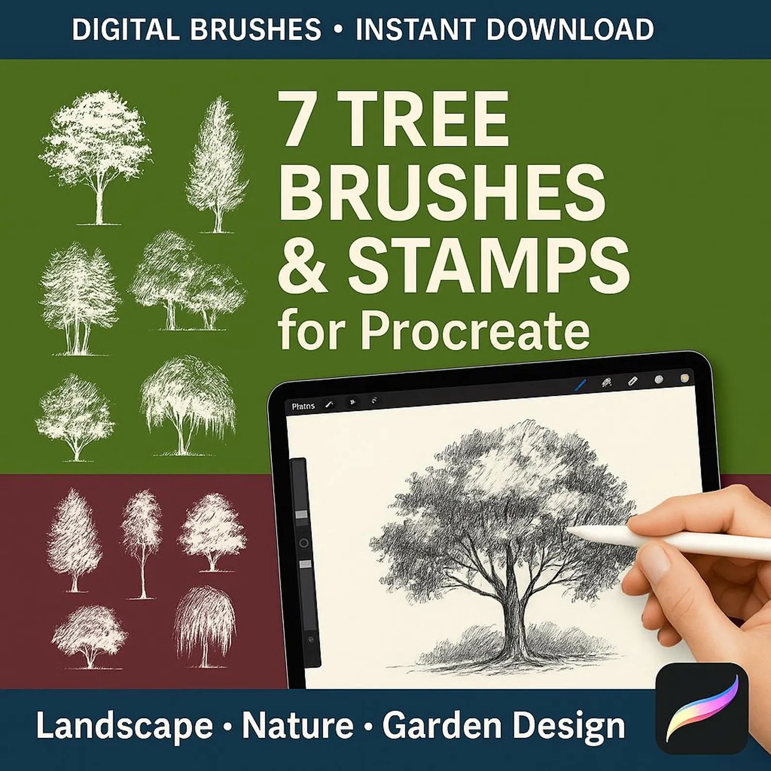 7 Realistic Tree Brushes & Stamps Procreate. Digital assets for landscape visualization