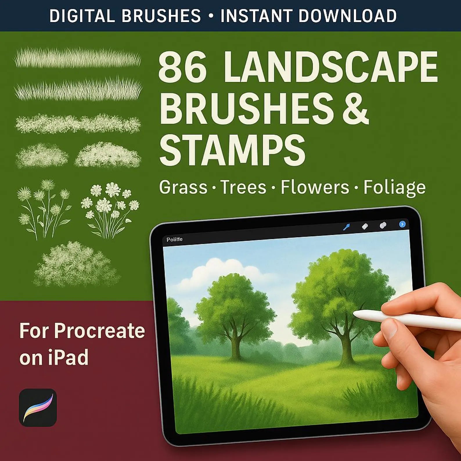 86 Ultimate Procreate Landscape Brushes & Stamps. Best nature kit for visualization