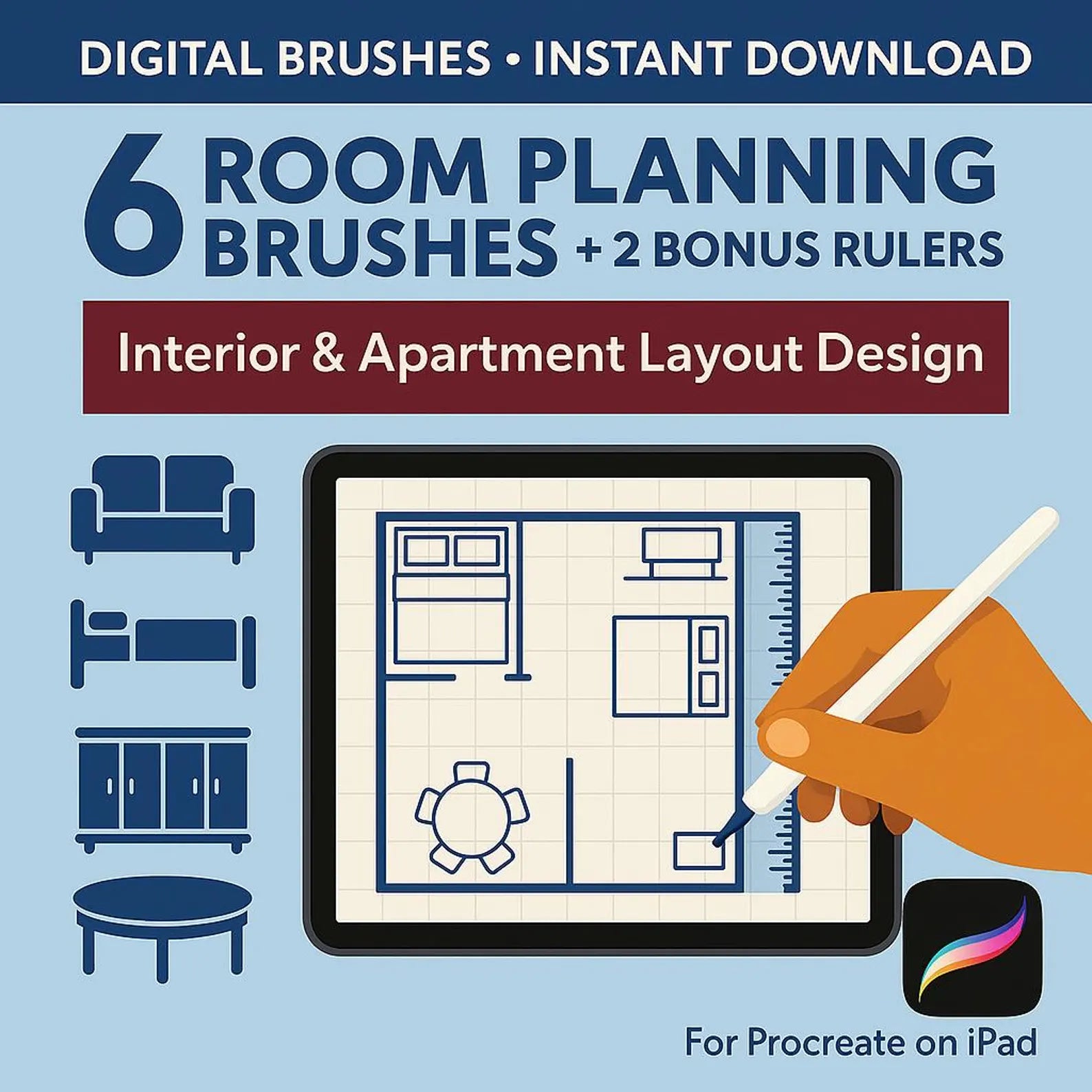 6 Planning Room Procreate Brushes Set with 2 Rulers. Interior Design layout stamps for digital sketching