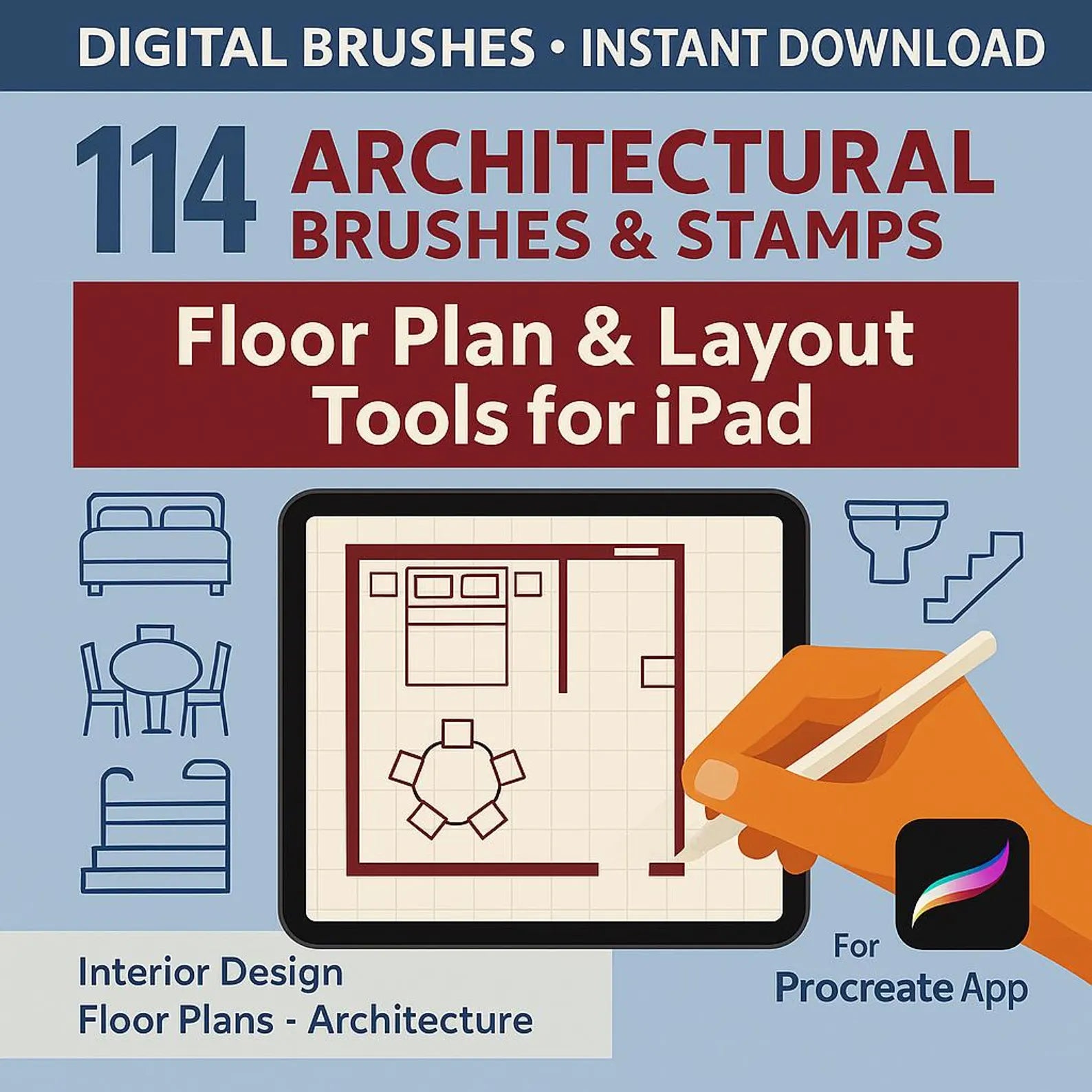 114 Procreate Architectural Master Kit. Full set of brushes and stamps for all design stages