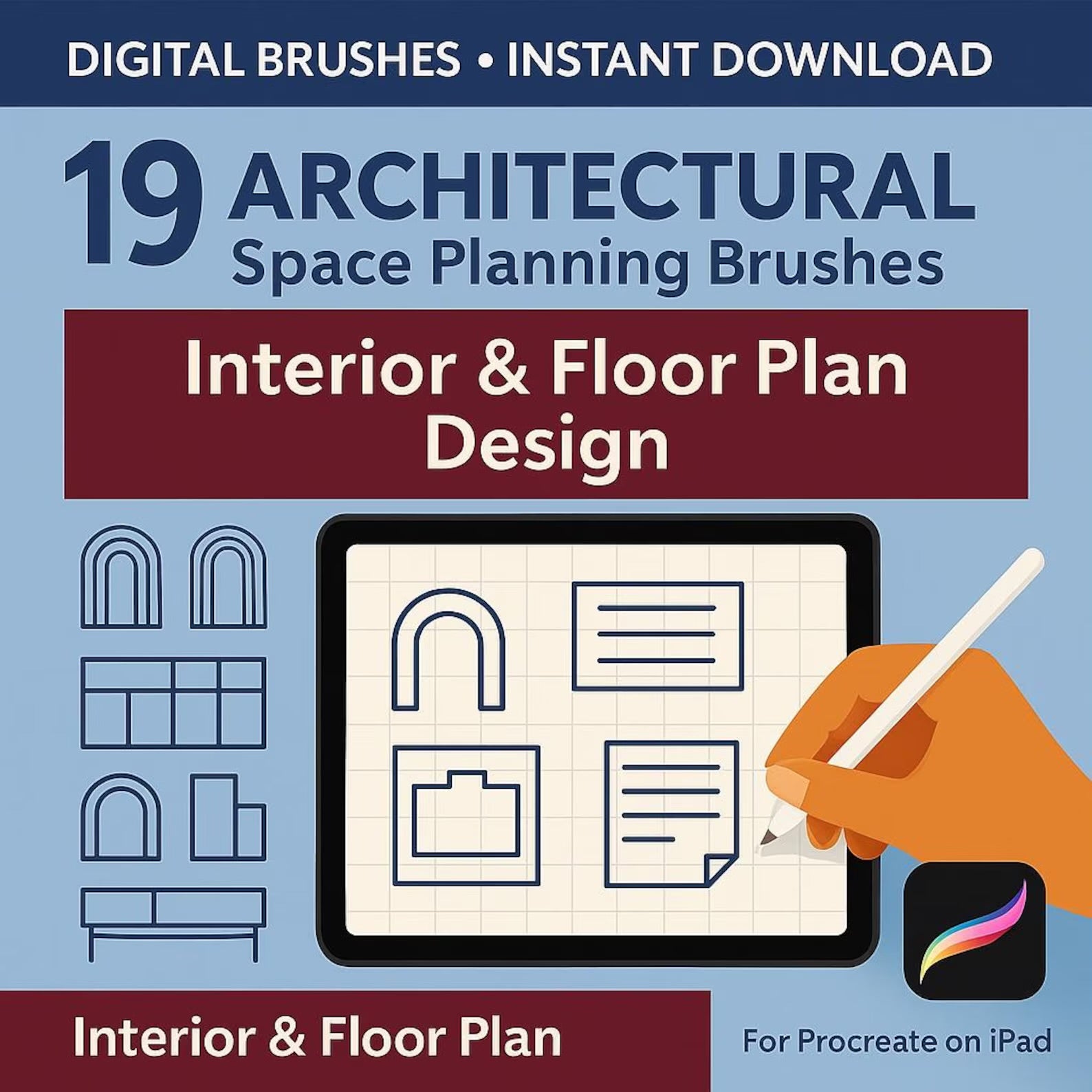 19 Procreate Architectural Brushes Set. Space Planning & Interior Design Starter Stamps BUNDLE