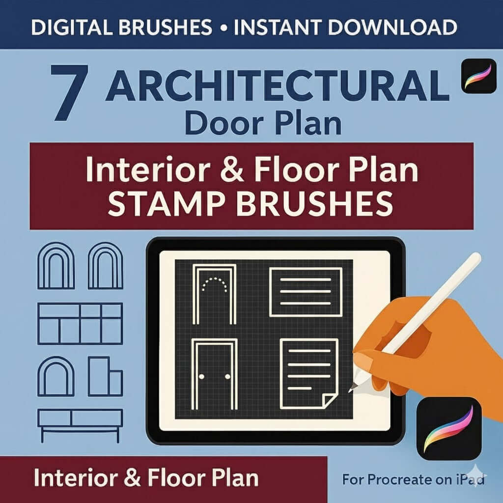 7 Doors Procreate Stamps BUNDLE. Architectural elevation sketch brushes for interior and exterior design.