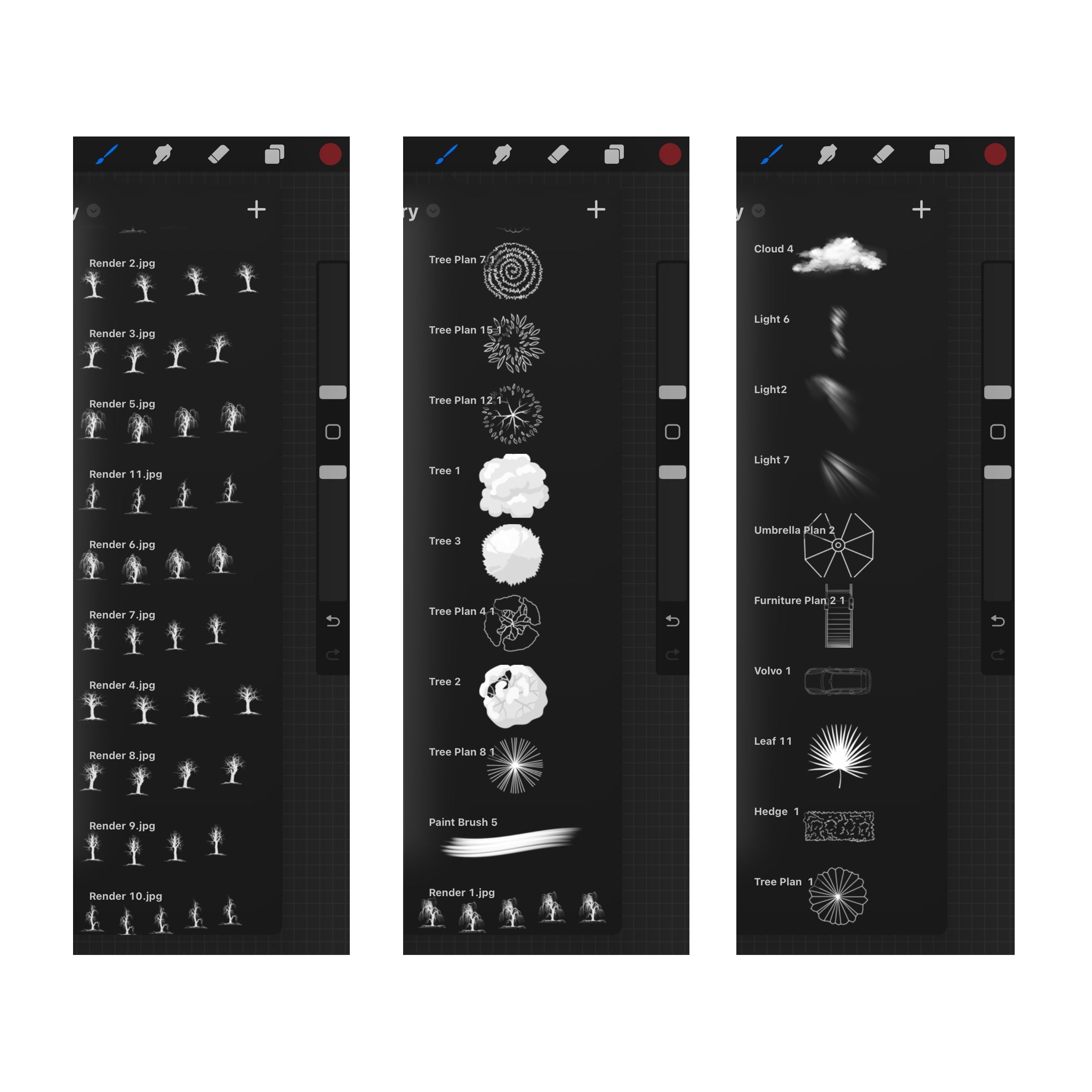 Procreate tree brushes and stamps. Nature elements kit for landscape design