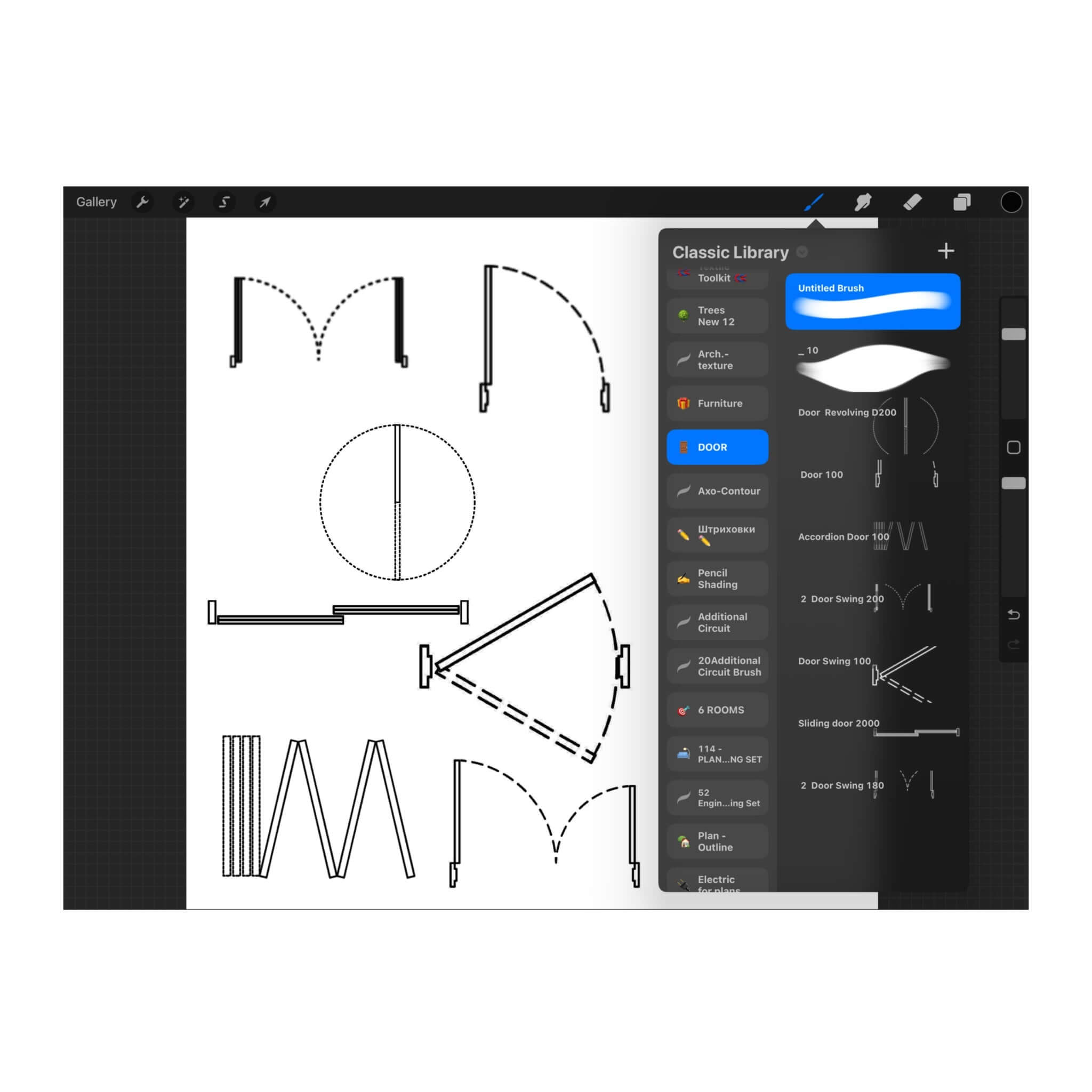Architectural sketch brushes Procreate. Using door stamps on a building elevation render.