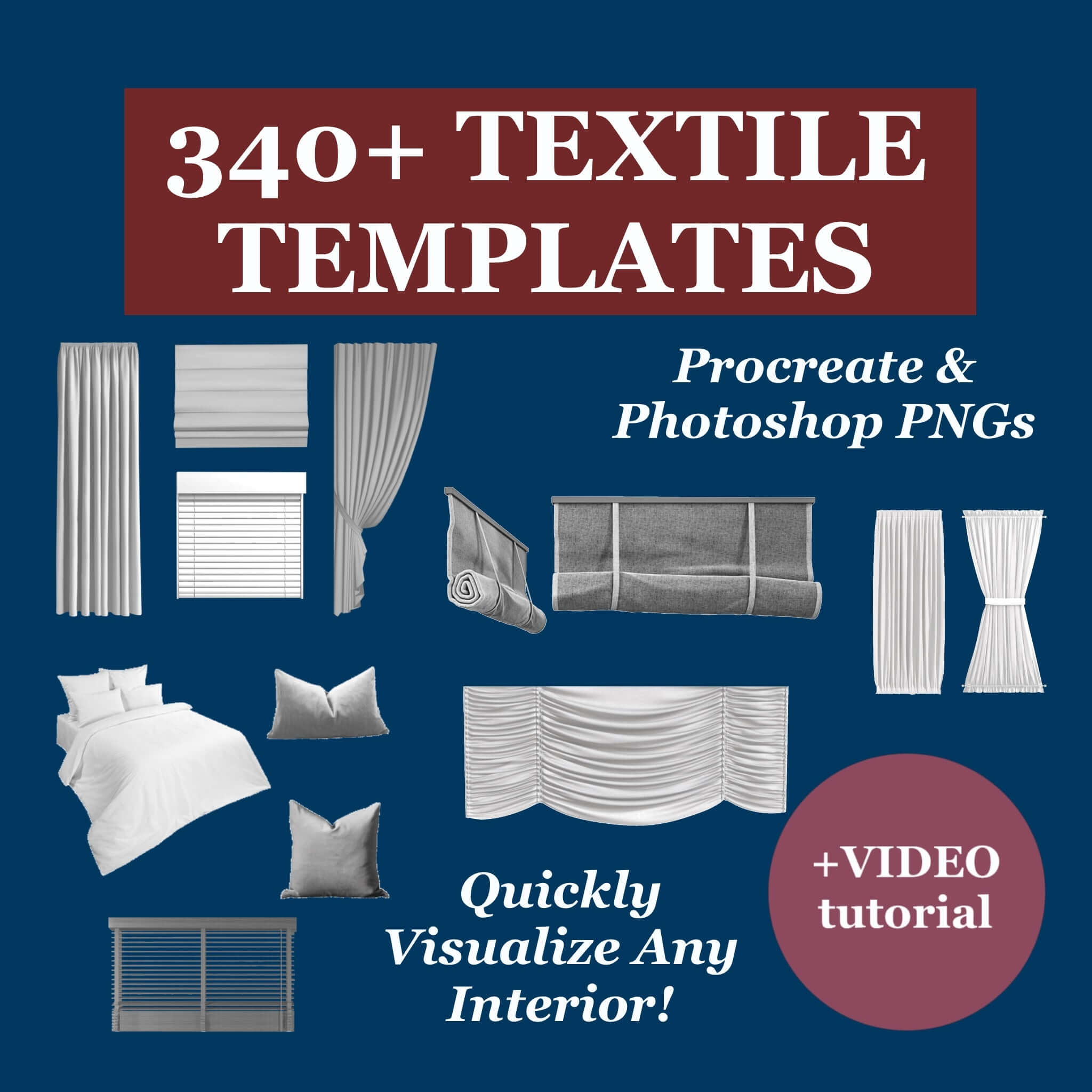 Procreate Photoshop Textile Templates Set for Interior Design - Curtains, Bedspreads, Pillows