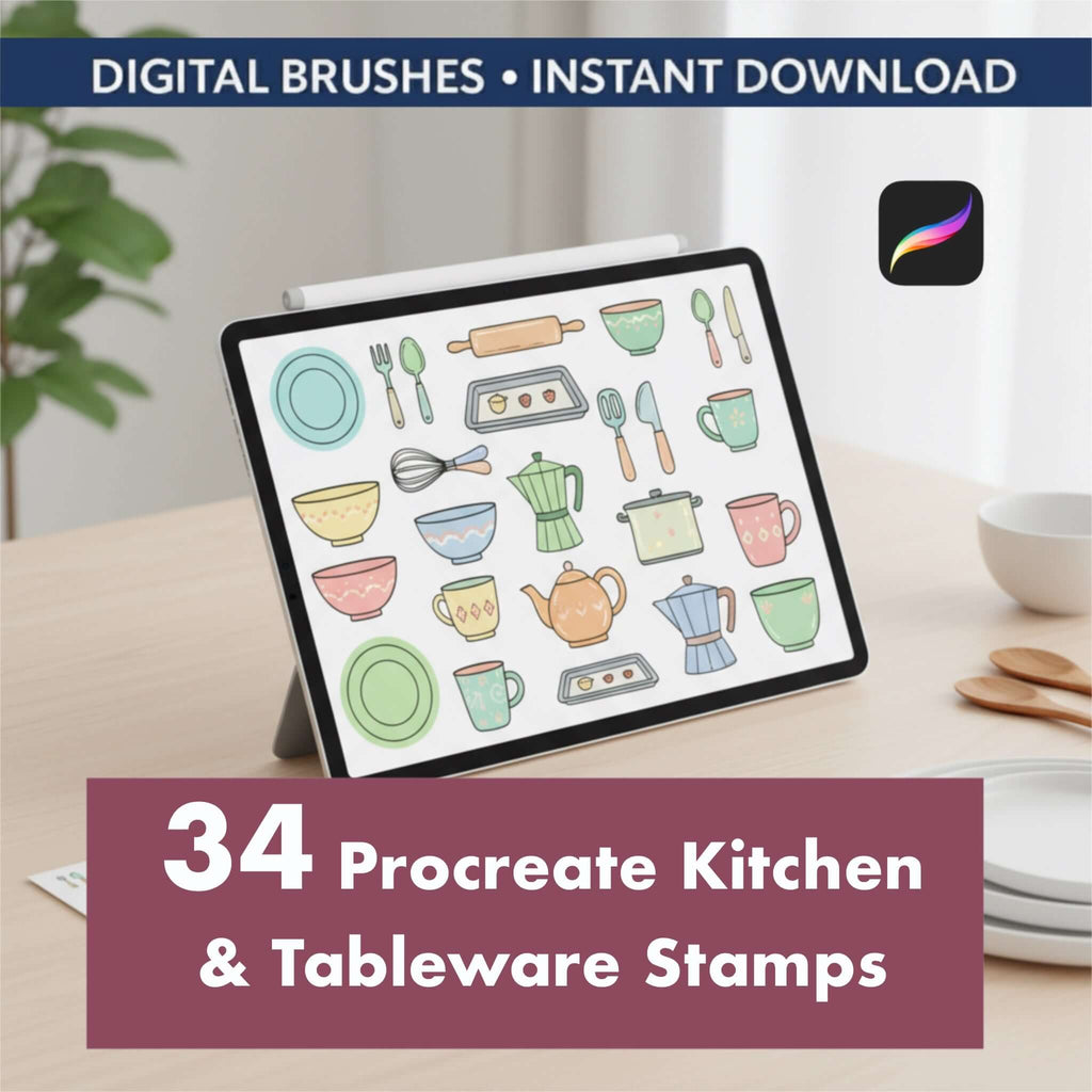 34 Procreate Kitchen & Tableware Stamps | Interior Sketch, Food - Procreate Brush Shop by Sviatlana Fedzianiova