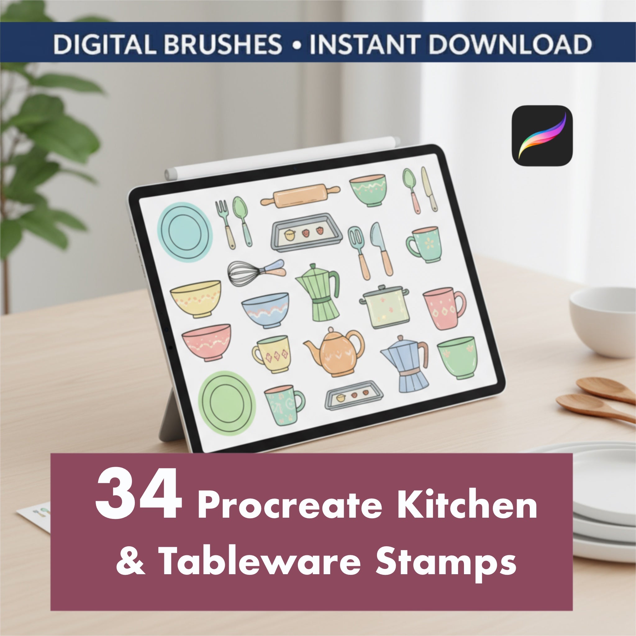 34 Procreate kitchen and tableware stamps interior sketch kit