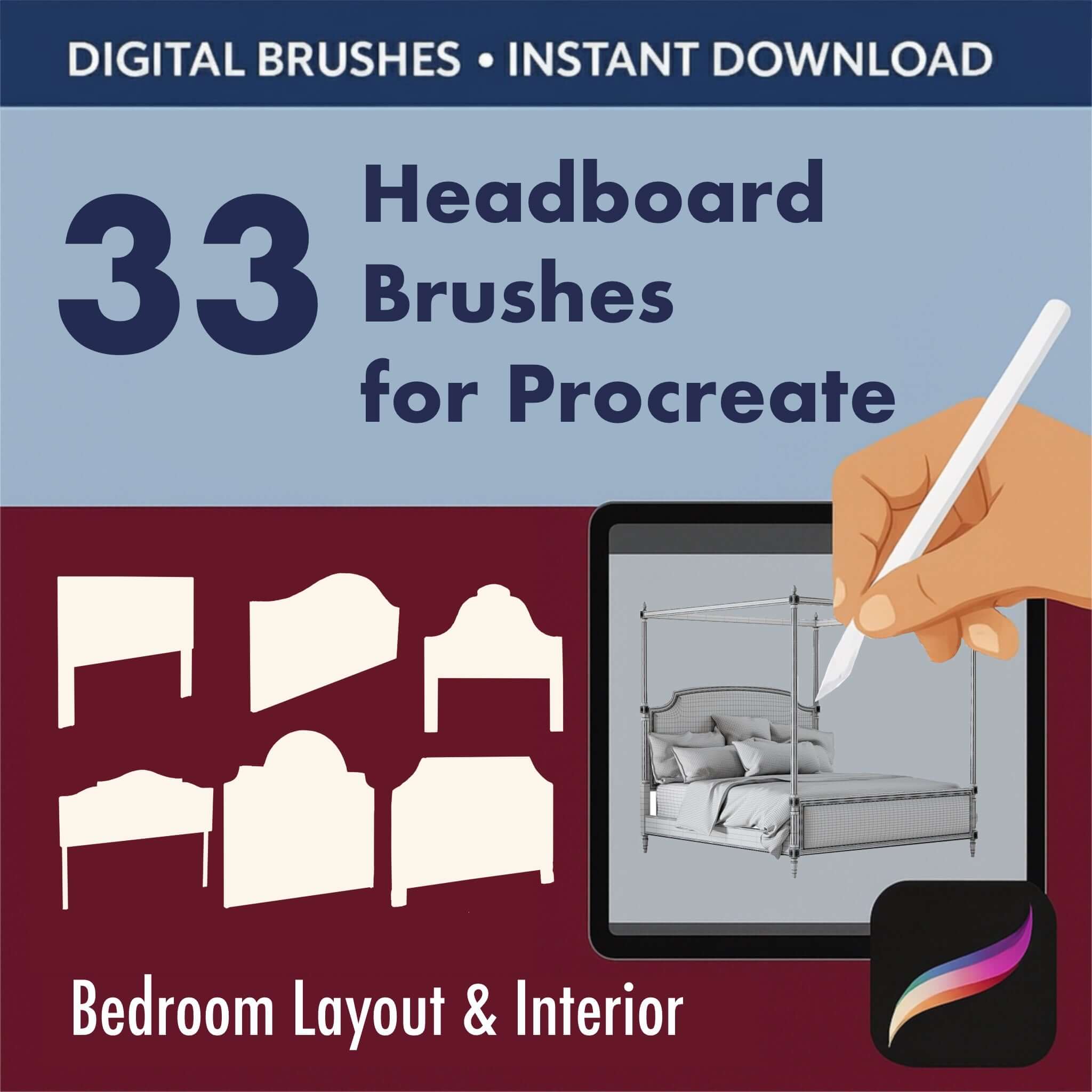 33 Headboard Brushes for Procreate – digital brush set for bedroom layout and interior visualization on iPad