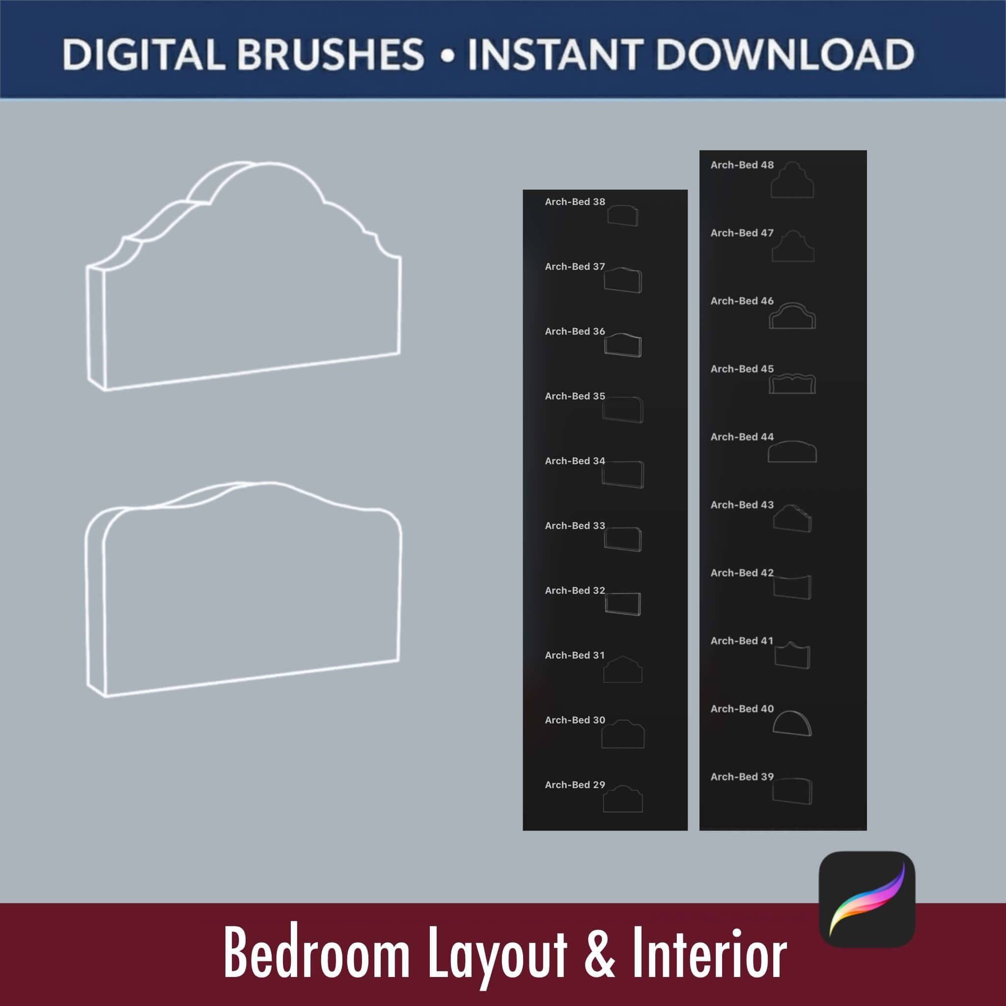 33 Headboard Brushes for Procreate showcasing digital brush designs for bedroom layout and interior projects.