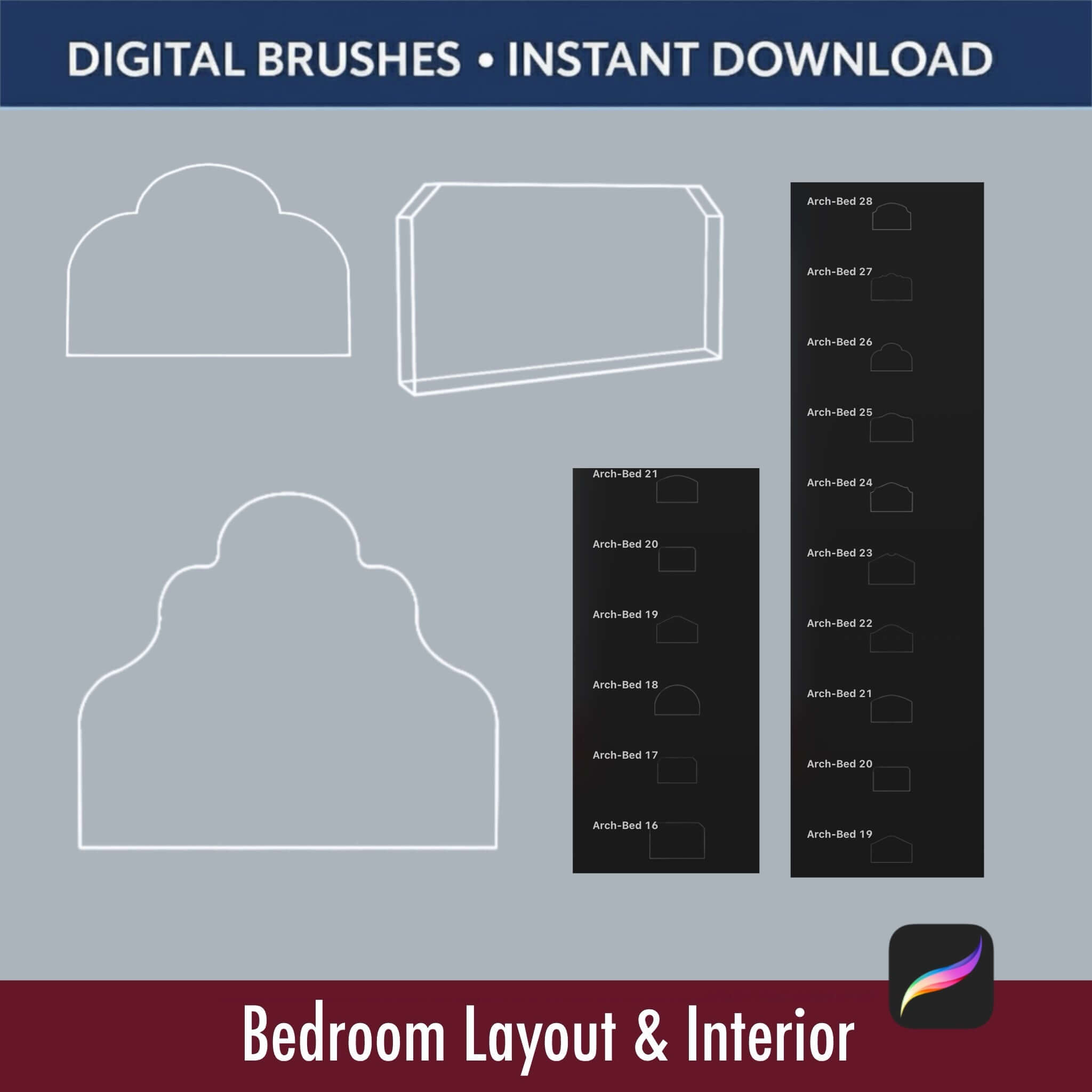 Procreate headboard outline brushes preview – different bed headboard shapes with brush names for bedroom layout sketches
