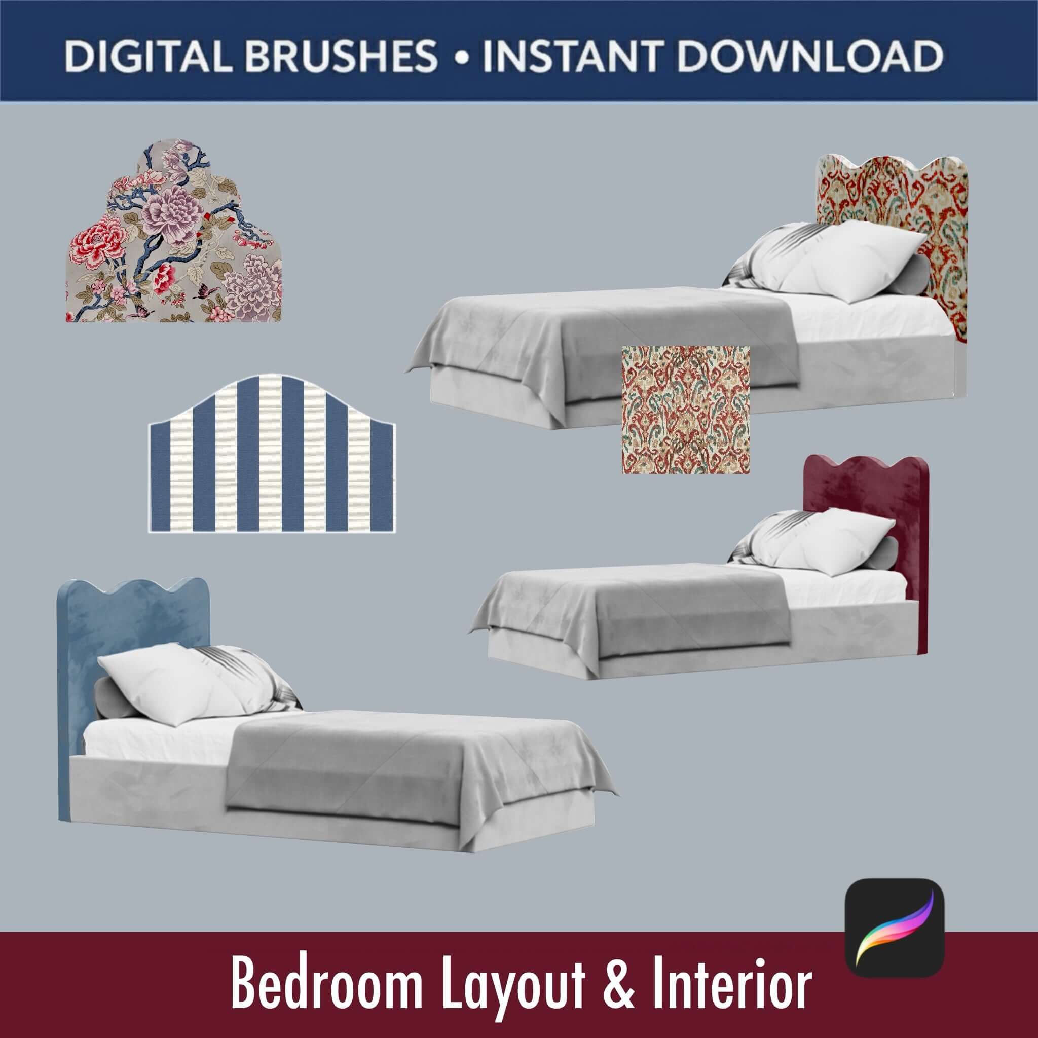Bedroom layout Procreate brushes in use – upholstered headboards with fabrics and beds for interior design presentations