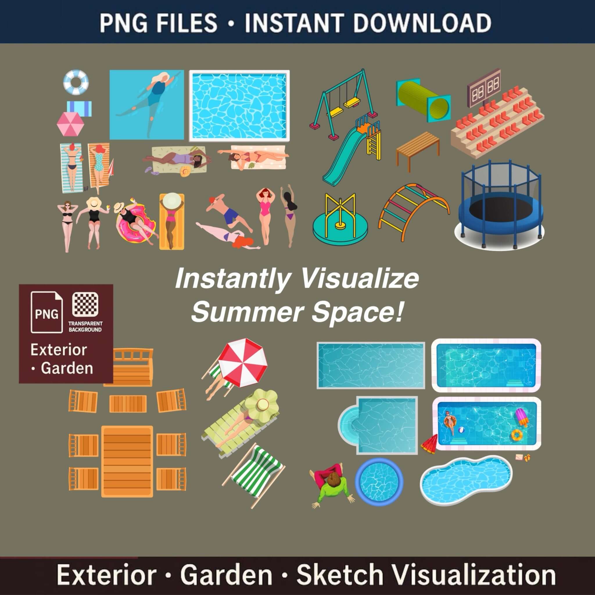 Swimming pool PNG elements for summer resort and hotel landscape layouts