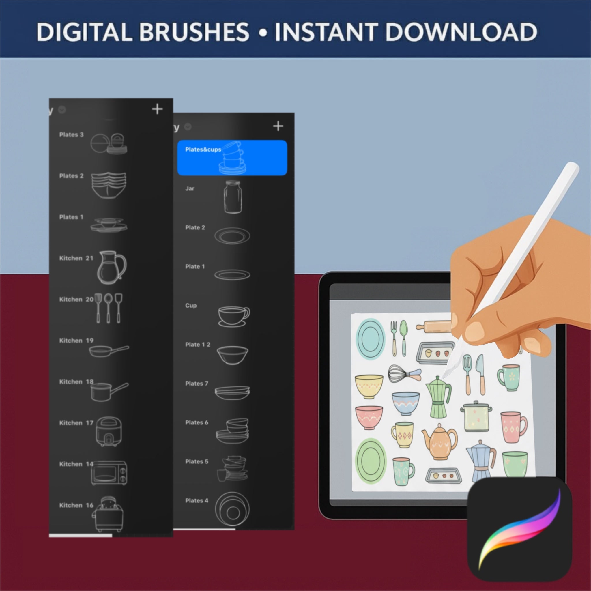 Procreate table setting brushes with plates cutlery and glasses