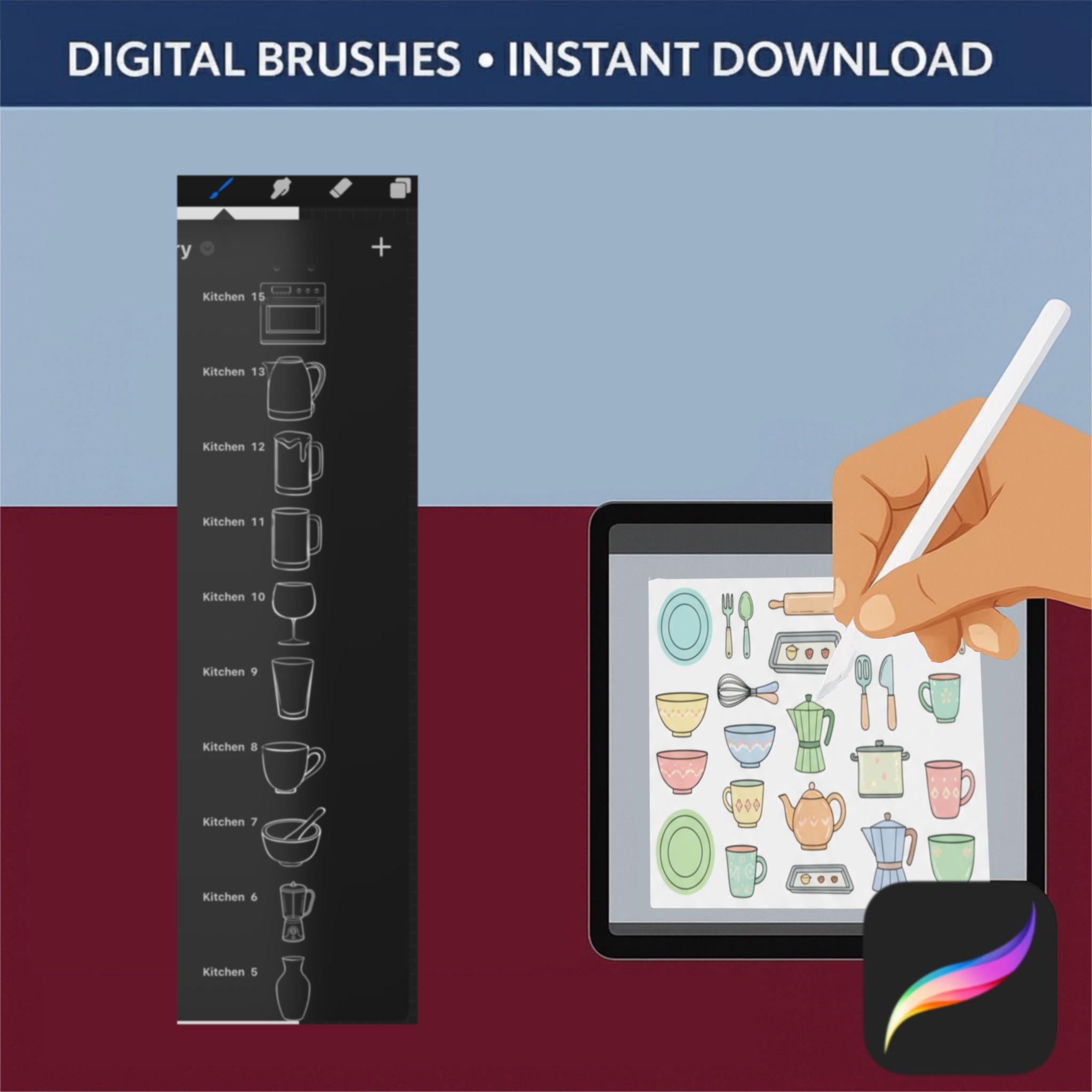 Kitchen utensils stamp brushes for food illustration in Procreate