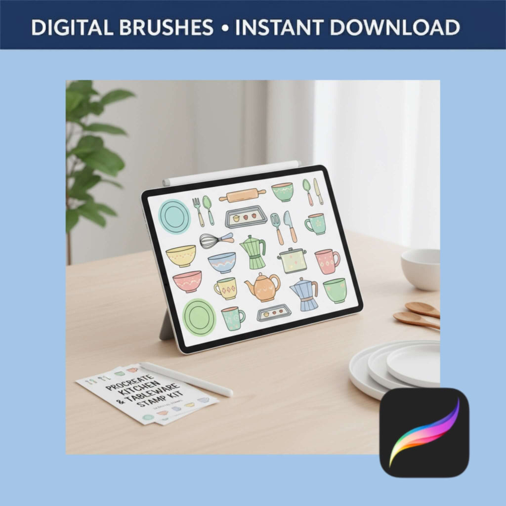 34 Procreate Kitchen & Tableware Stamps | Interior Sketch, Food - Procreate Brush Shop by Sviatlana Fedzianiova