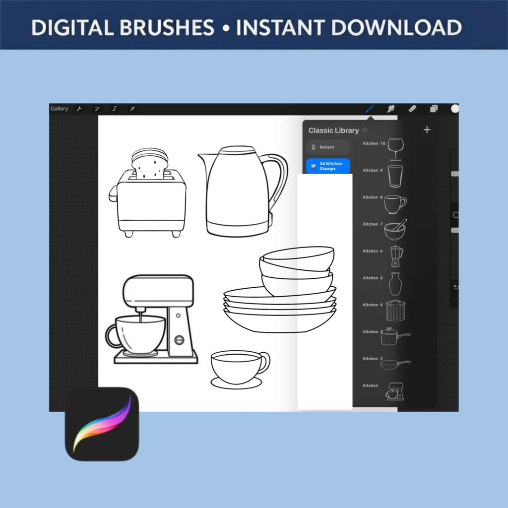 34 Procreate Kitchen & Tableware Stamps | Interior Sketch, Food - Procreate Brush Shop by Sviatlana Fedzianiova