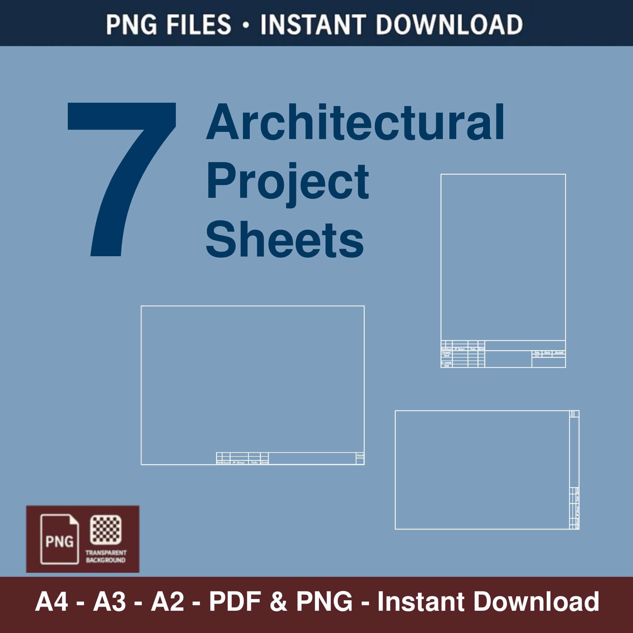 7 architectural project sheets templates for interior design specifications in PNG