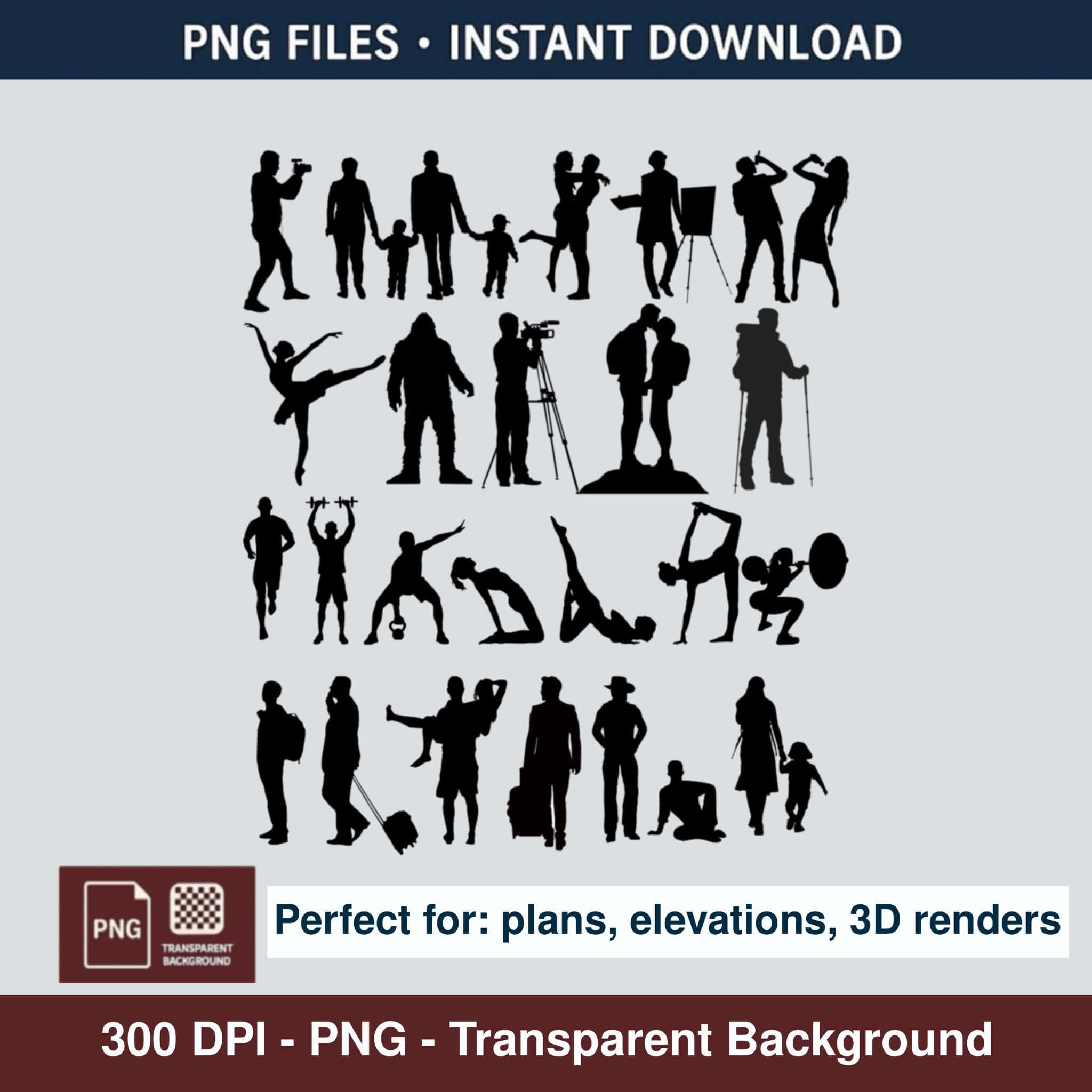 Standing and walking people silhouette PNGs for architectural elevations