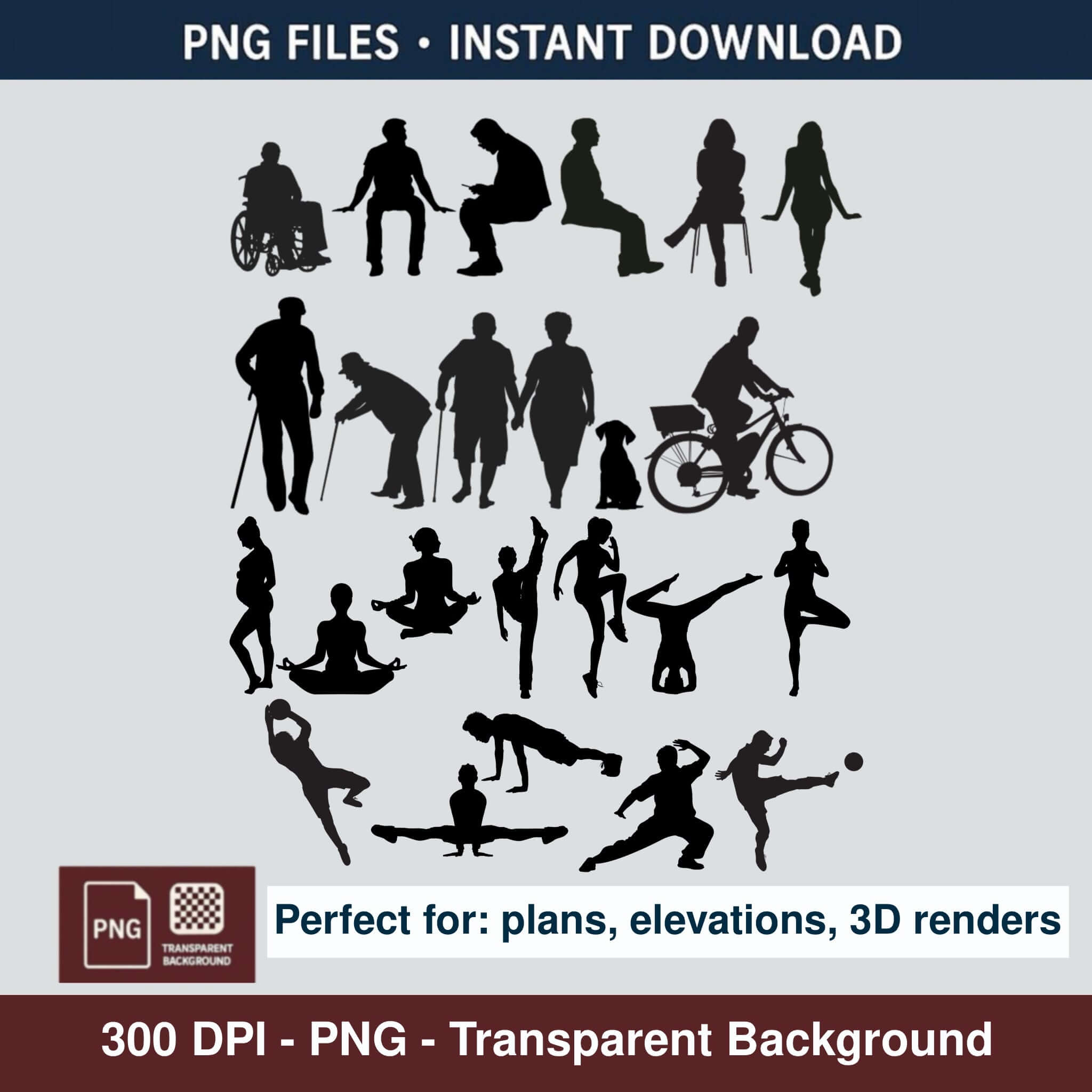High resolution 300 DPI architectural people silhouette clipart set