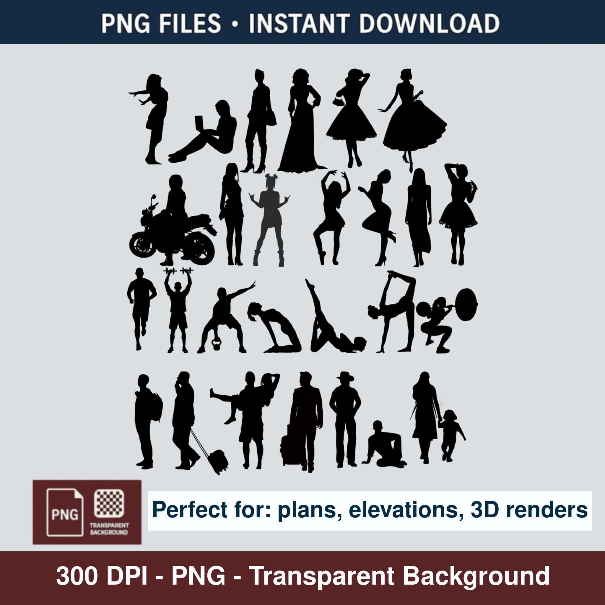 Seated and relaxed people silhouettes PNG for interior visualizations