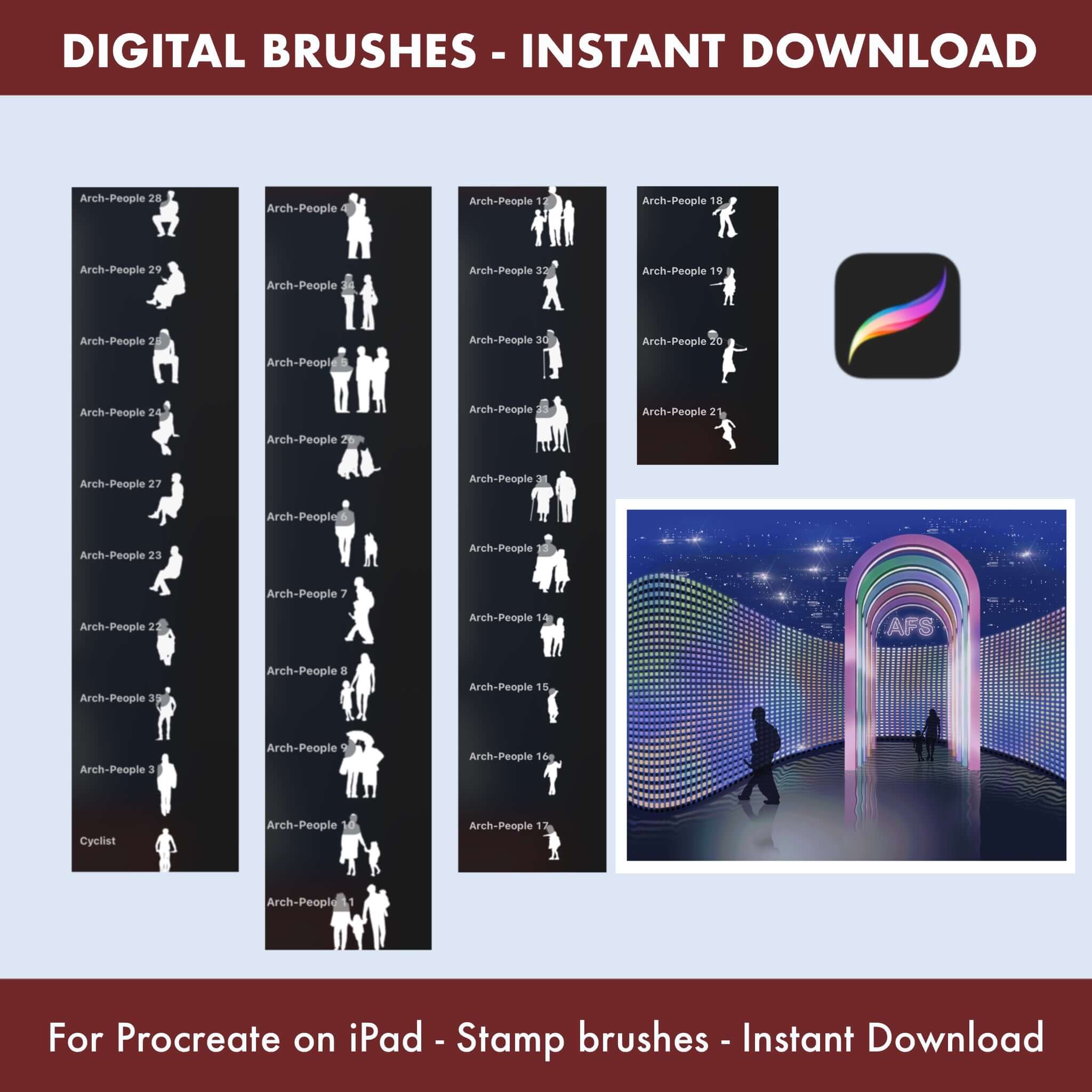Human figure scale stamps for exterior architectural facade sketches in Procreate