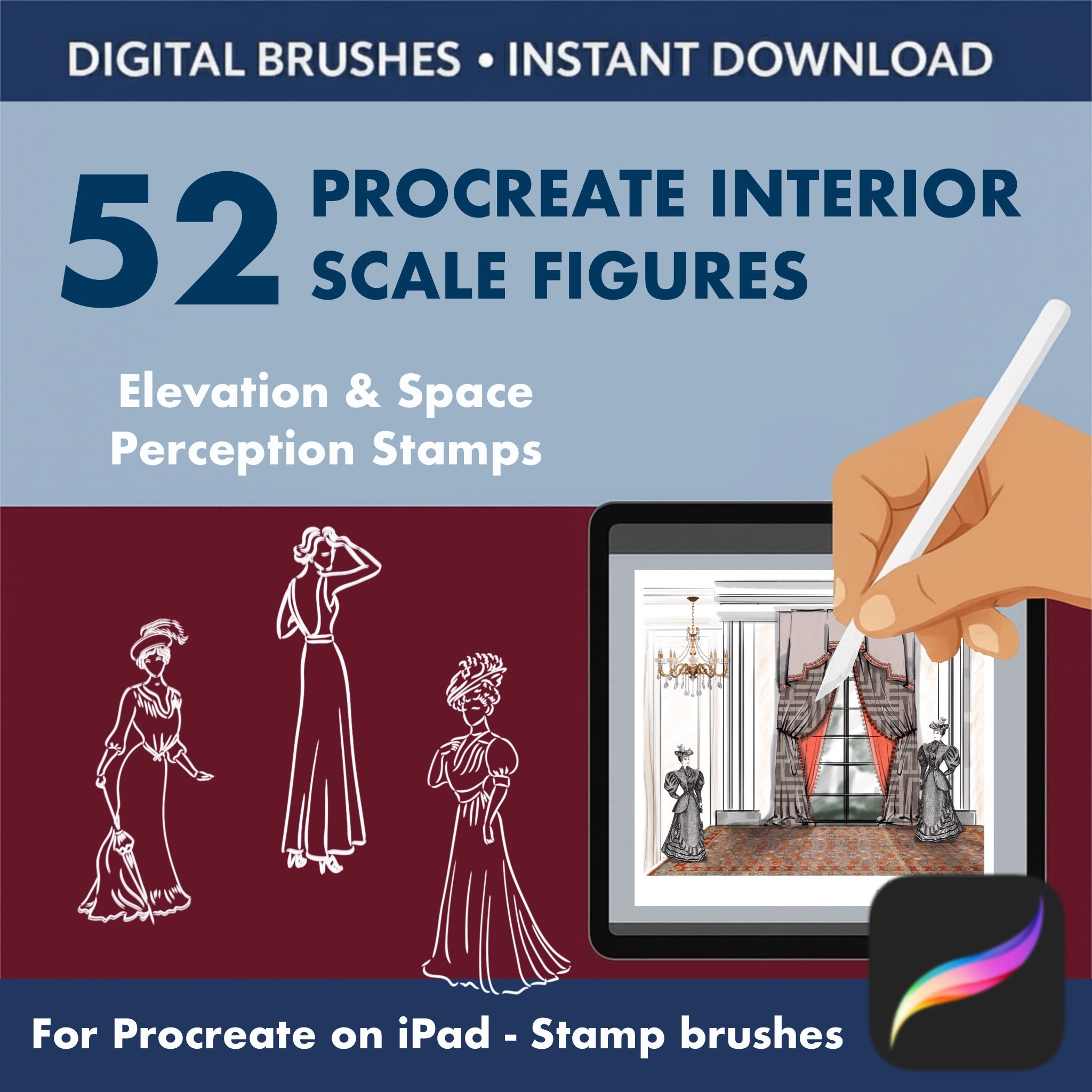 52 Procreate interior scale figures stamp brushes for elevations and room sections