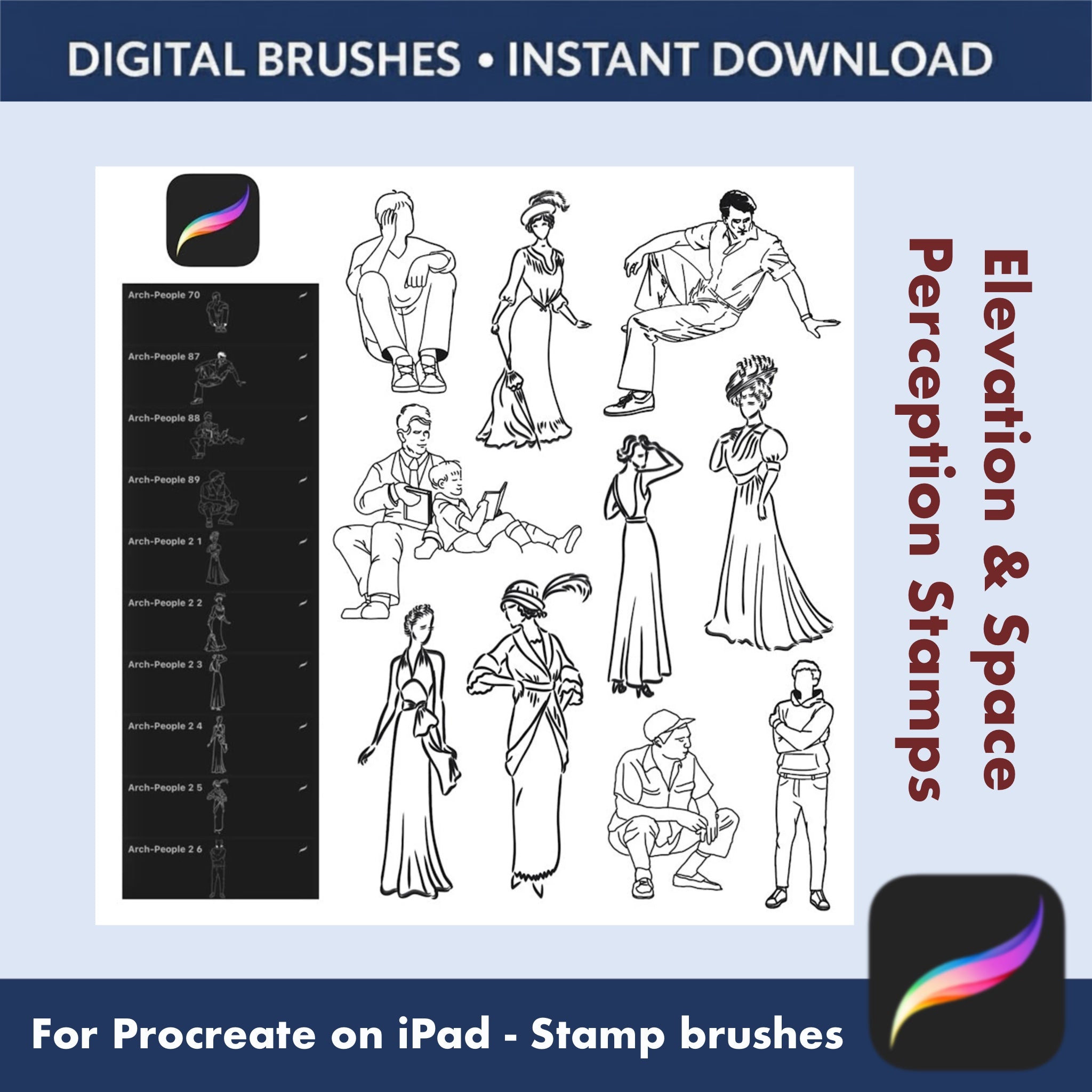 Modern family scale figures stamp set for Procreate interior drawings