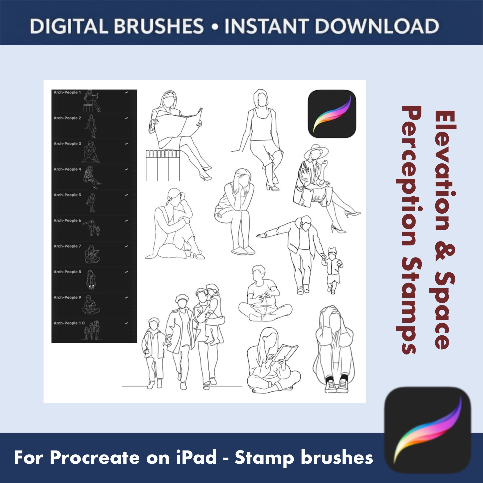 Interior elevation with classic figures using Procreate interior scale stamps