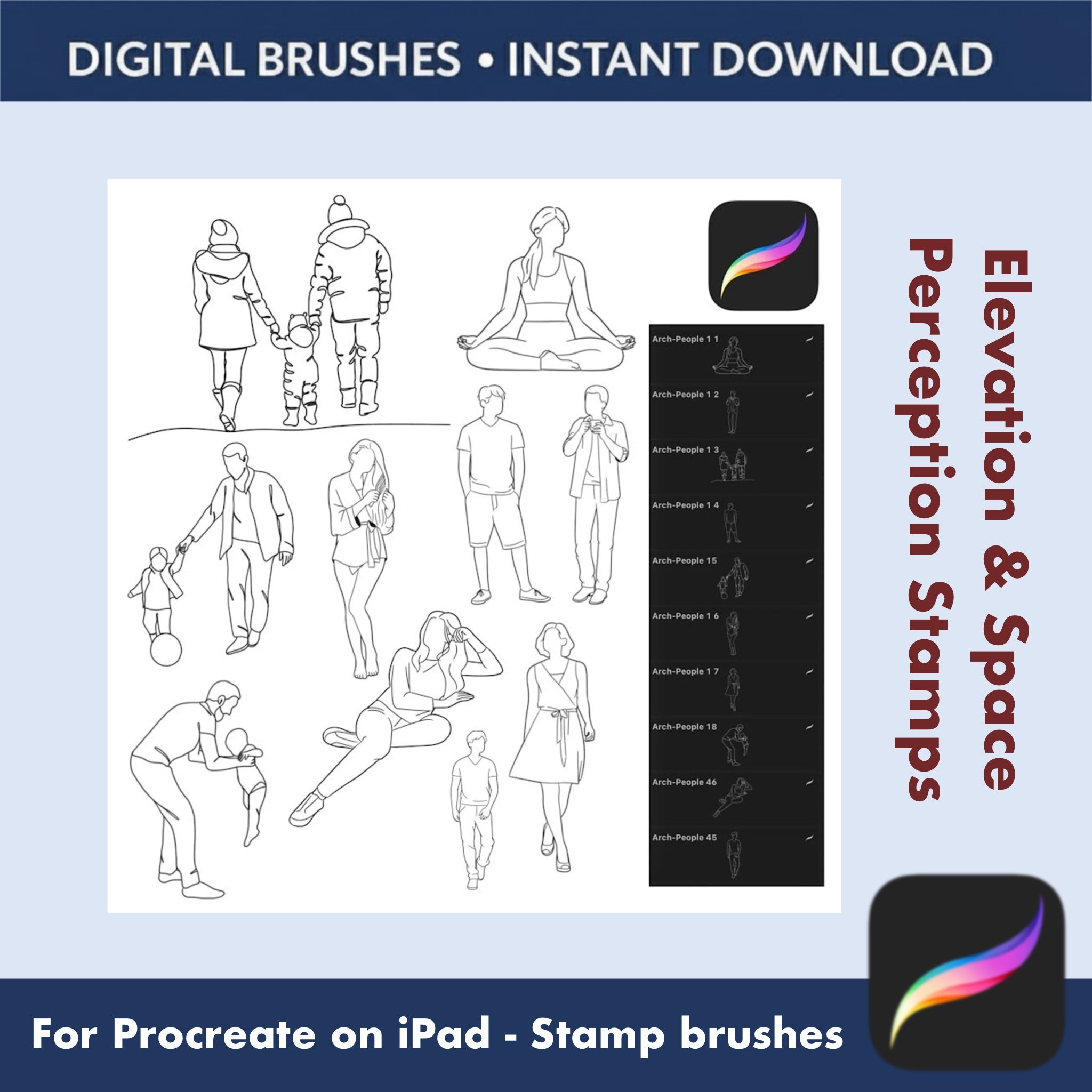 Standing and casual pose figures stamp brushes for Procreate interiors