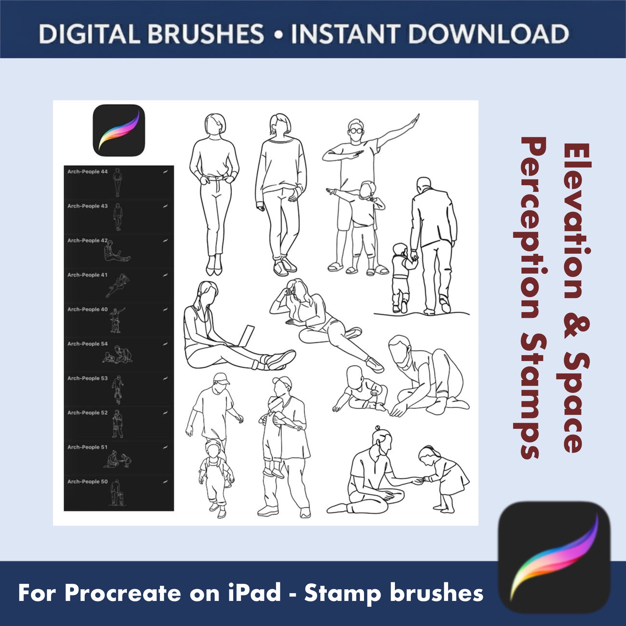 Mixed historical and modern interior scale figures for Procreate elevations