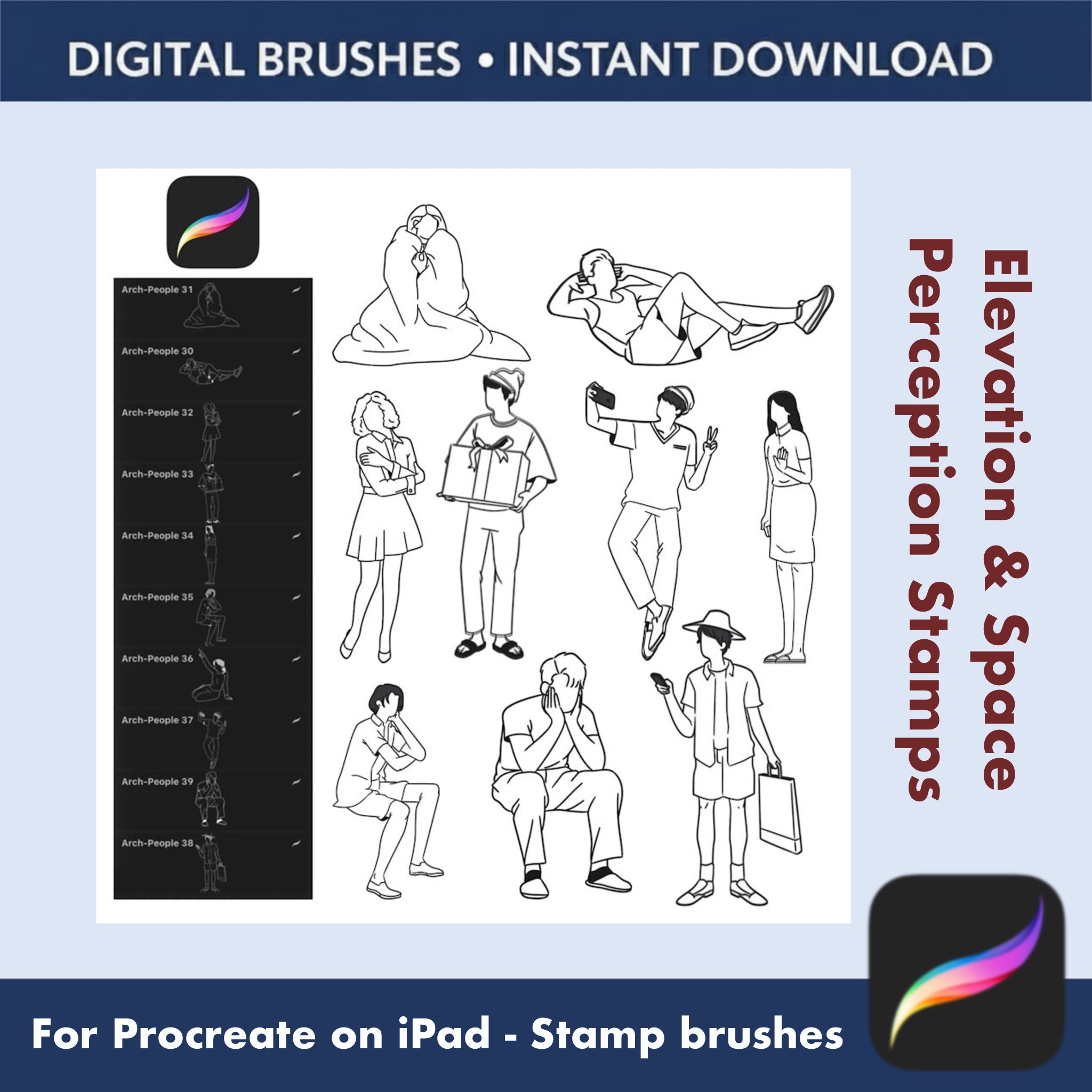 Collection preview of 52 Procreate interior scale figure stamps for designers