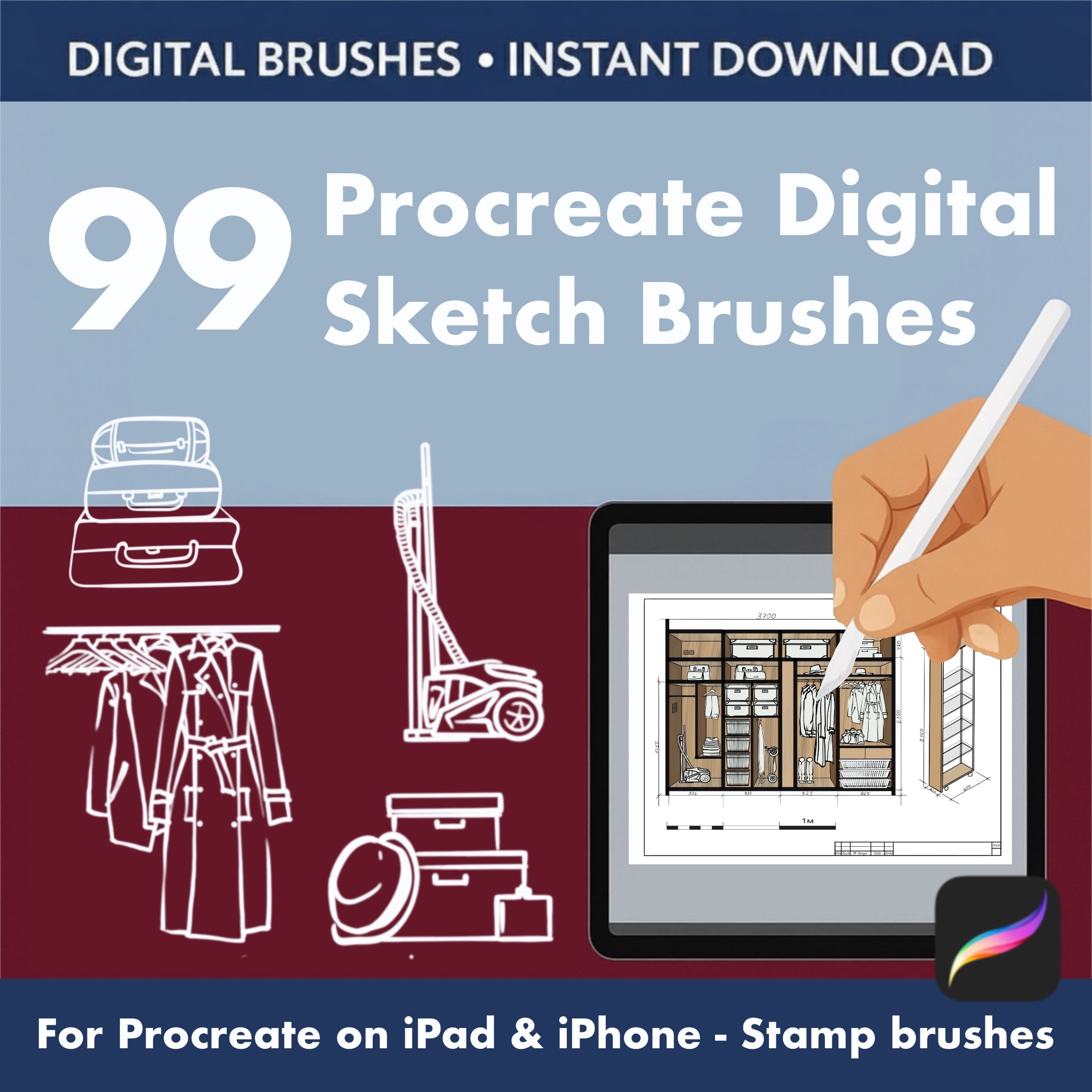 99 Procreate digital sketch brushes set for everyday objects and interior details