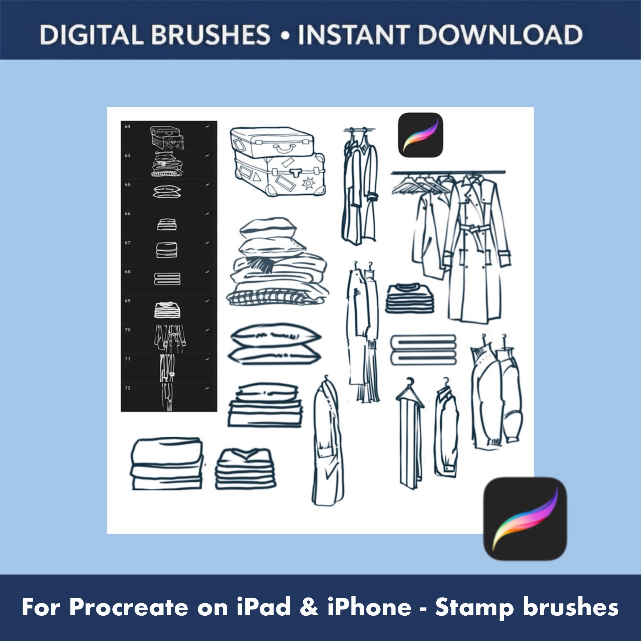 Line and detail Procreate sketch brushes for technical wardrobe elevation drawings