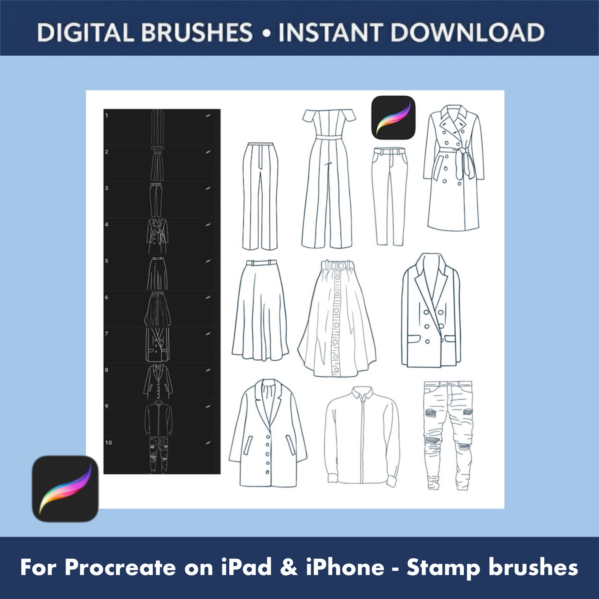 Suitcases and travel bags Procreate sketch stamps for packing and hallway scenes