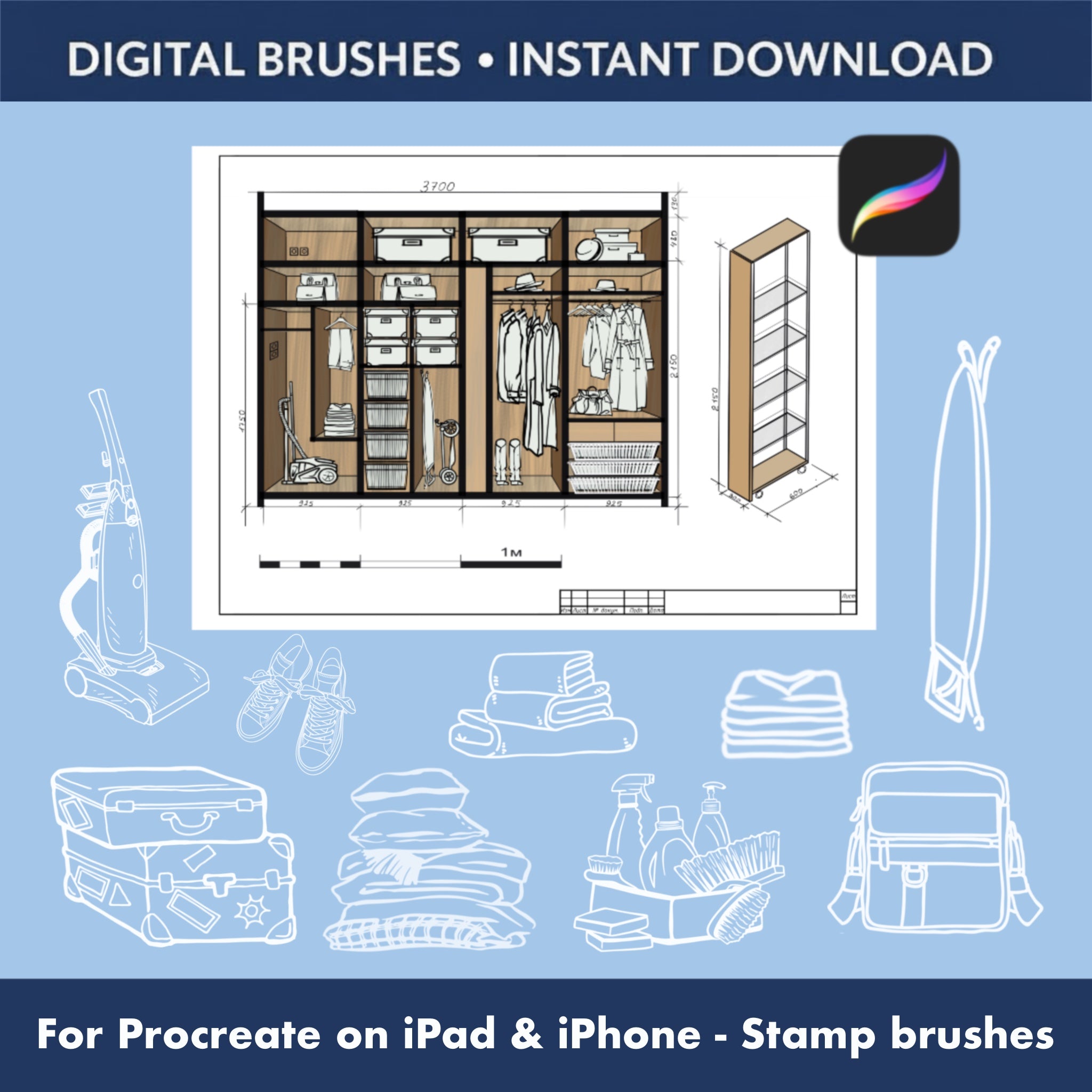 Vacuum cleaner and household item stamp brushes from 99 Procreate sketch set