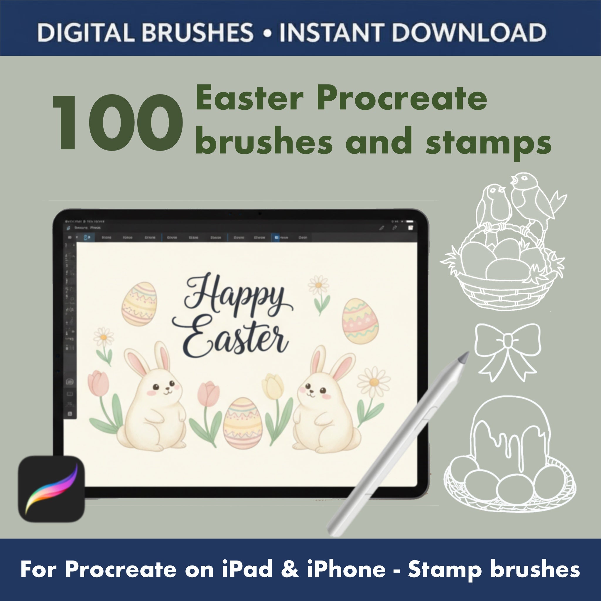 100 Easter Procreate brushes and stamps set with bunnies eggs and spring decor