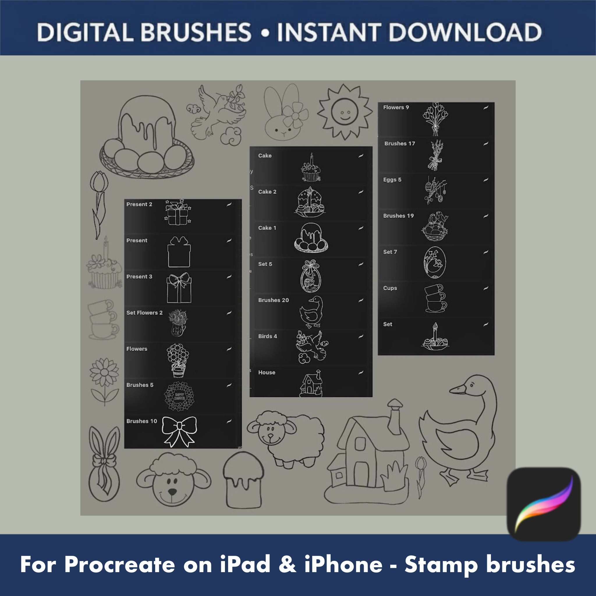 Cute bunny and egg Procreate stamp brushes for Easter card illustration