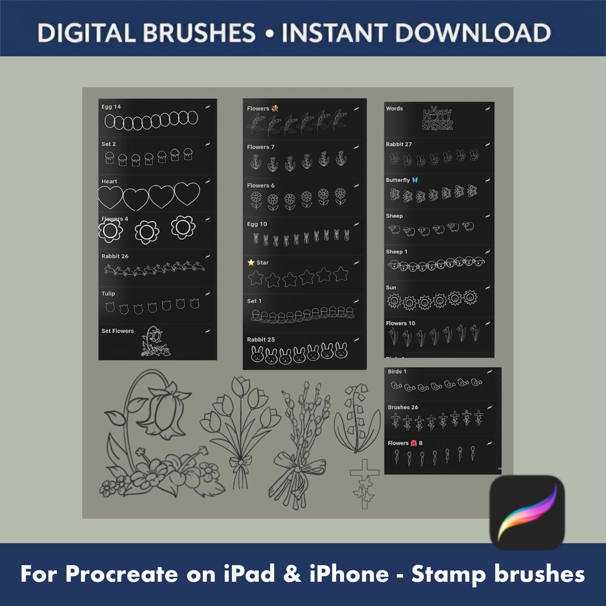 Chick and basket doodle Procreate brushes for kids Easter designs