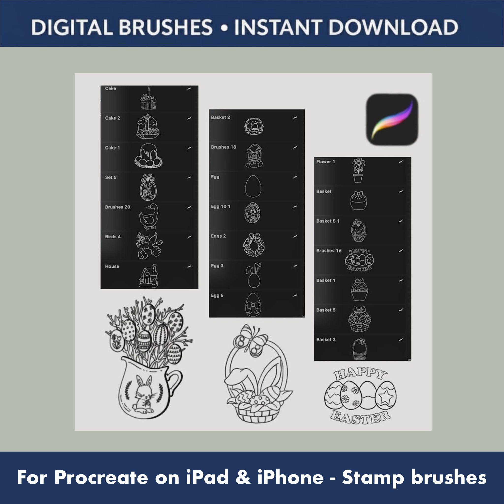 Spring flowers and leaf Procreate brushes from Easter holiday set